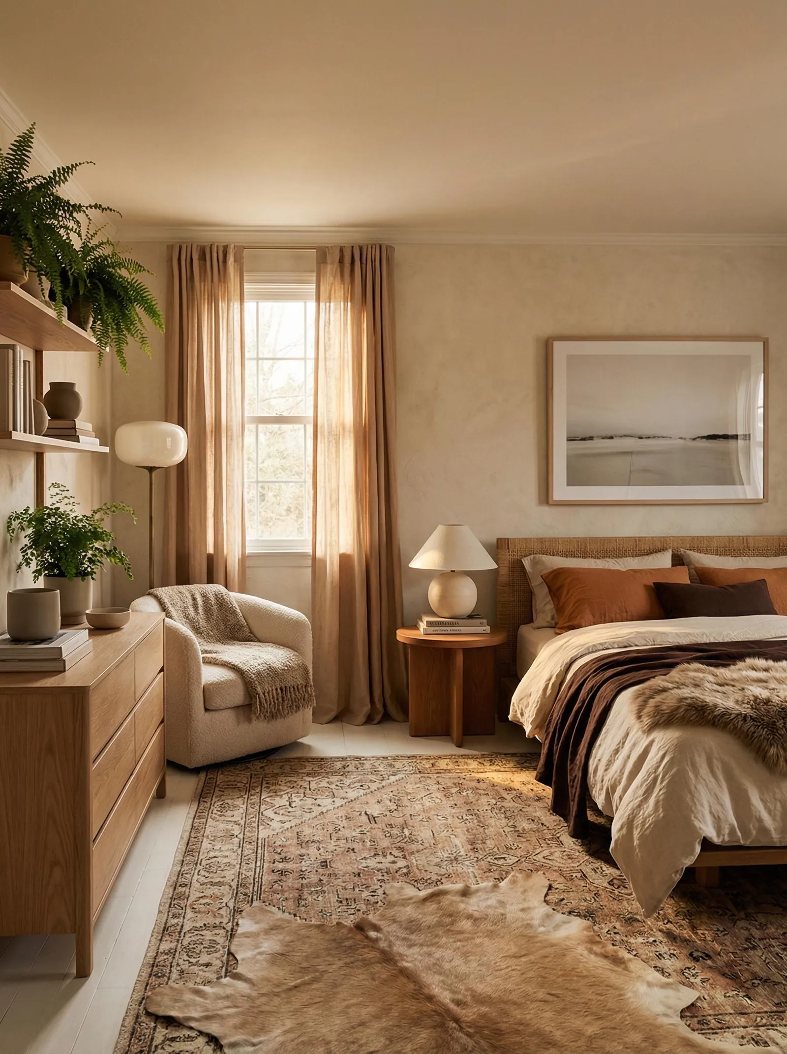 Bedroom with plaster walls, a cane headboard, rust and brown linen bedding with a fur throw, a boucle swivel chair, an oak dresser, ferns on wall shelves and a cowhide layered over a faded Persian rug on a white painted floor