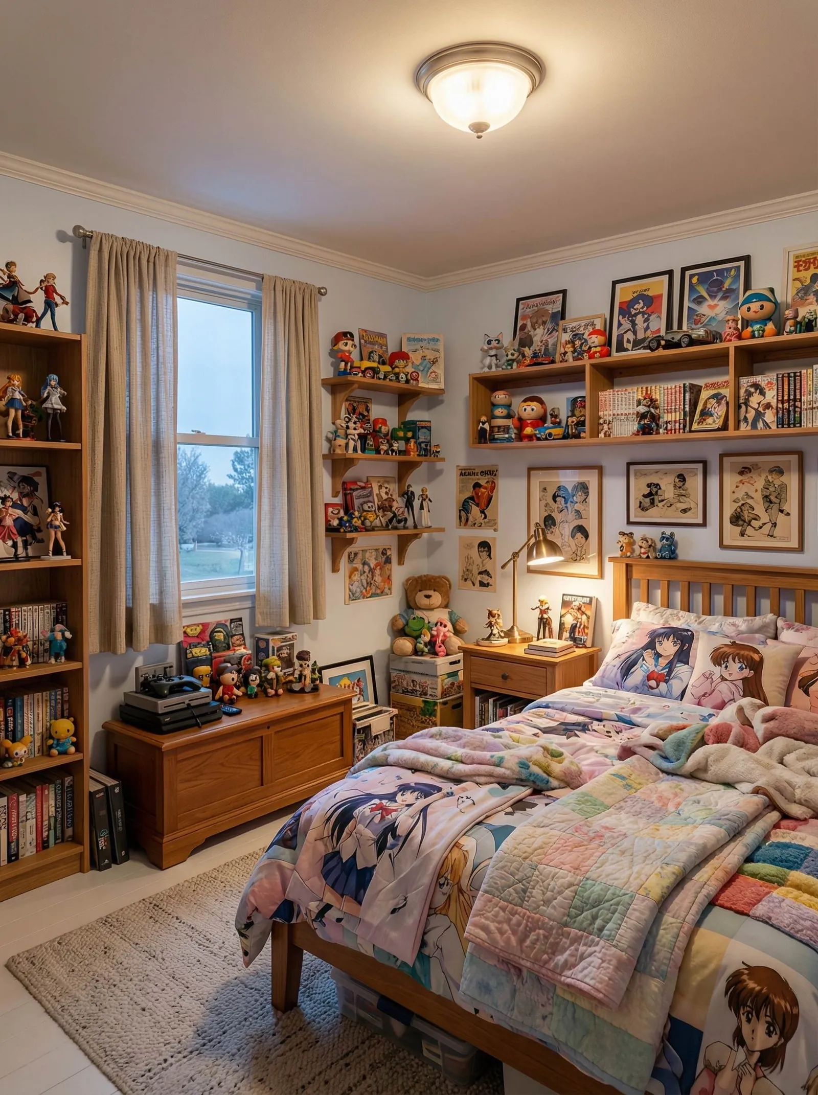 Cosy cluttered bedroom under warm ceiling light, with wood shelves packed with manga volumes, anime figures, plush toys and stacked retro game consoles, framed character prints on the walls, a wood-frame bed dressed in pastel anime-print bedding and a patchwork quilt, a brass desk lamp on a wood nightstand, and curtains over the window.