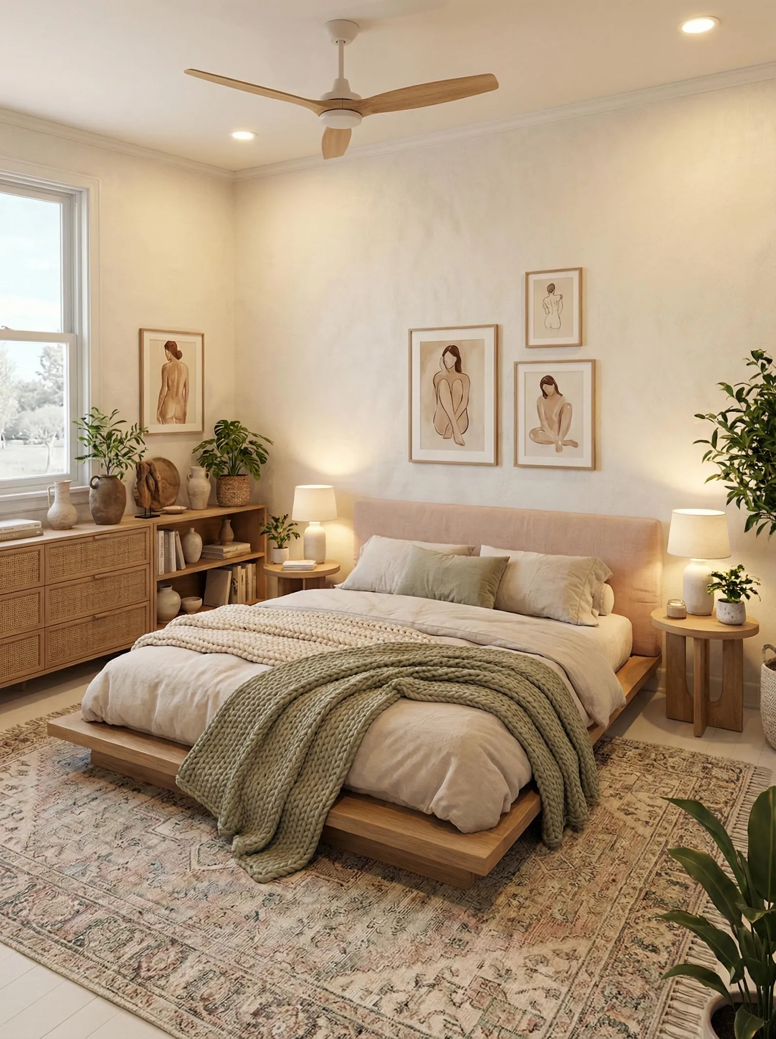 Bedroom with a low oak platform bed and a blush upholstered headboard, cream bedding, a sage green chunky knit blanket, round wood side tables with ceramic lamps on both sides, a cane front dresser and low bookshelf under the window, four framed nude line drawings, a wood blade ceiling fan, and a faded pink Persian rug.