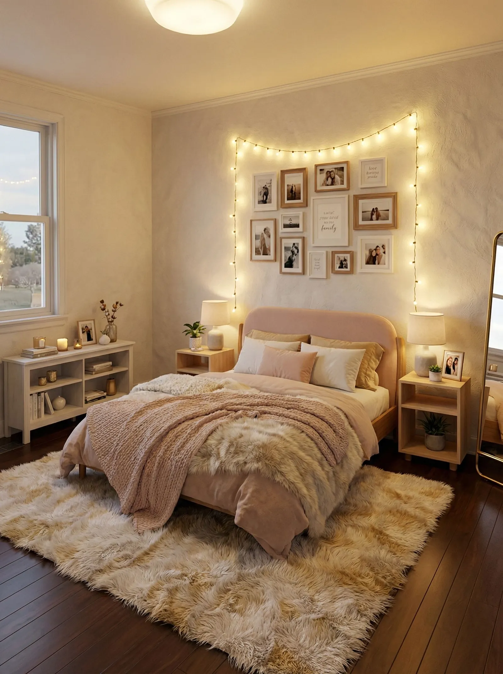 Warm cream bedroom with a blush upholstered headboard framed by draped string lights, a family photo gallery wall, blush knit and faux-fur throws, wood nightstands, a leaning gold mirror and a shaggy rug over dark wood floors