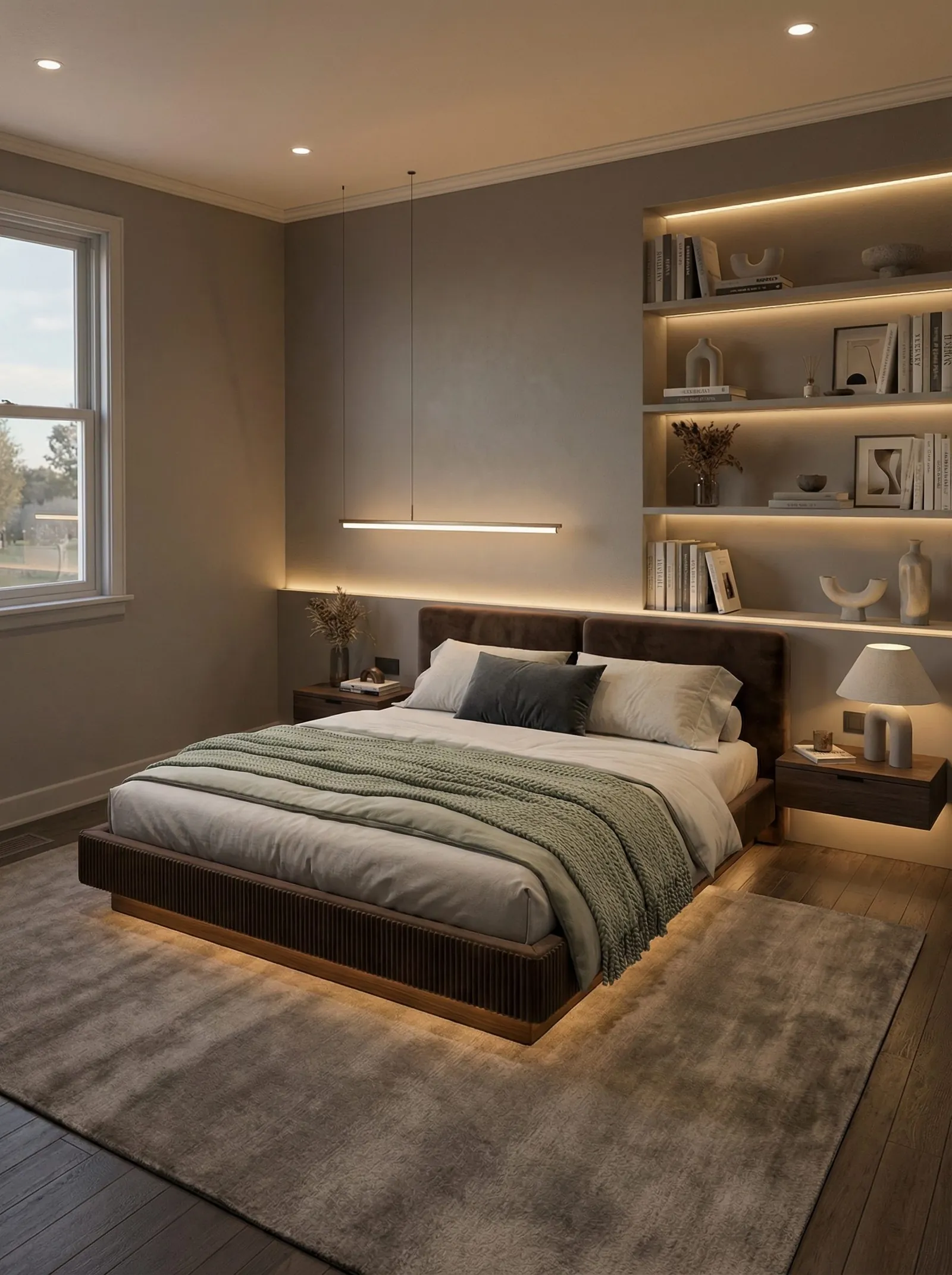 The same bedroom in warm modern: greige walls, a floating walnut platform bed with LED underglow, a brown velvet headboard and a backlit built-in shelving alcove.