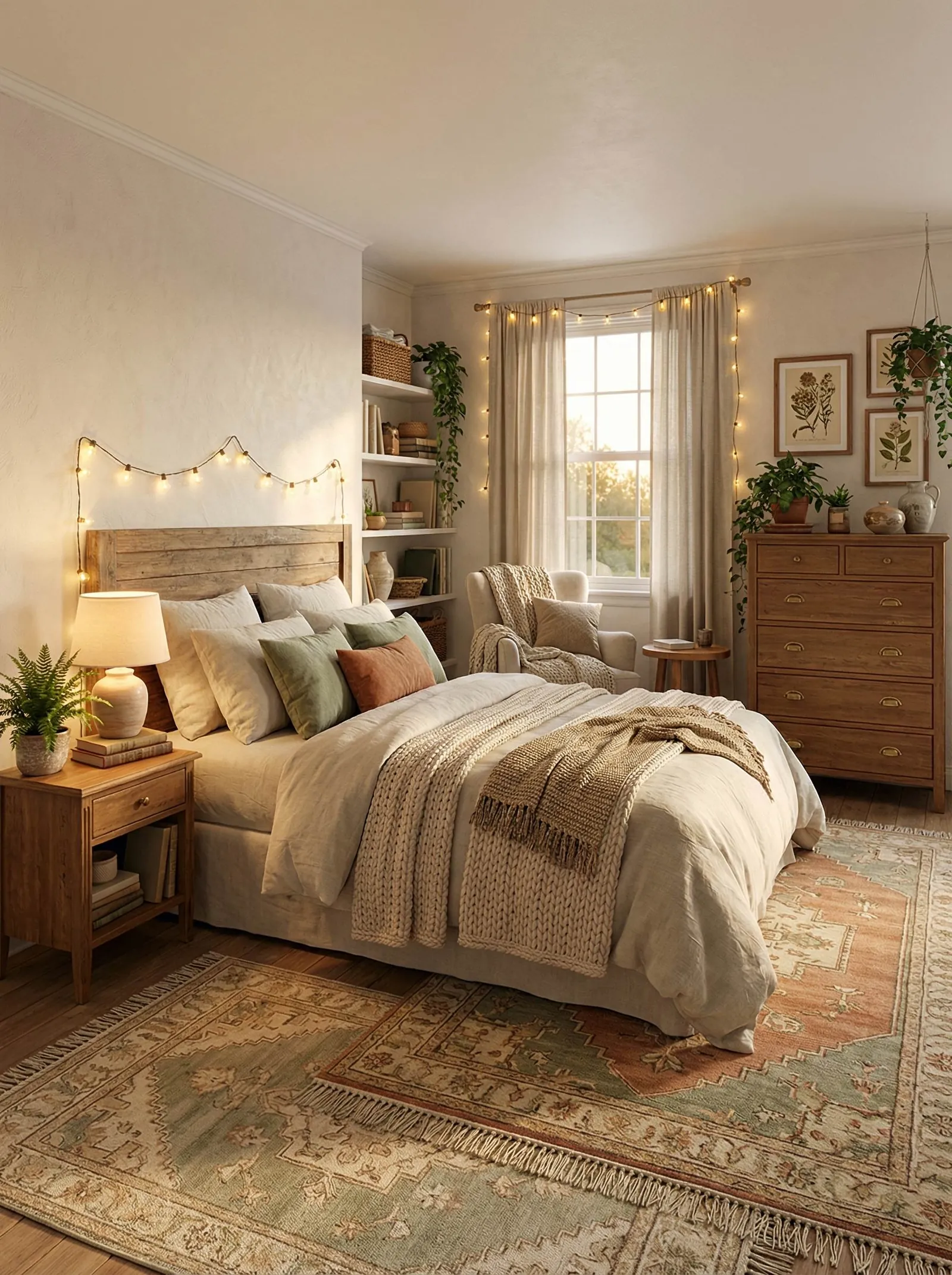 Snug bedroom with a reclaimed-wood headboard, linen bedding with sage and rust pillows and a chunky knit throw, string lights, layered vintage rugs, open shelves, a pine dresser, botanical prints, and trailing plants.