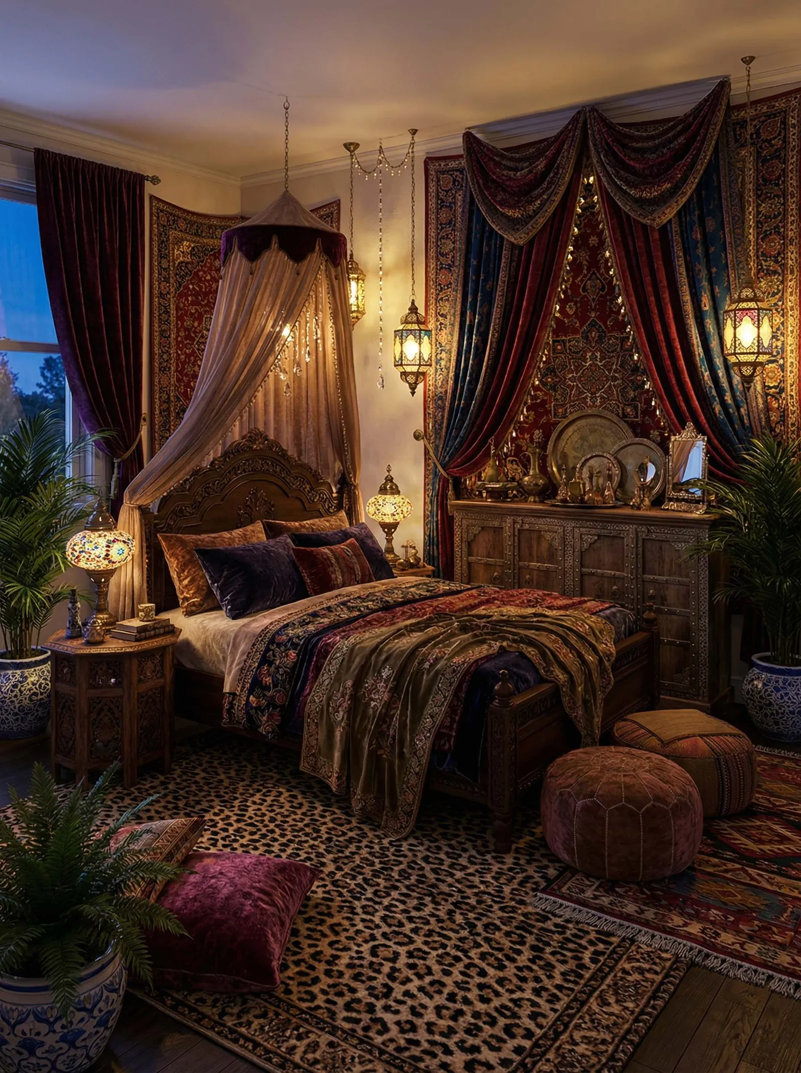 Dim, jewel-toned bedroom with Persian textiles hung on the walls, a fringed velvet bed canopy, a carved dark-wood bed and dresser, coloured-glass Moroccan lanterns, leather poufs, a leopard-print rug, and potted palms.
