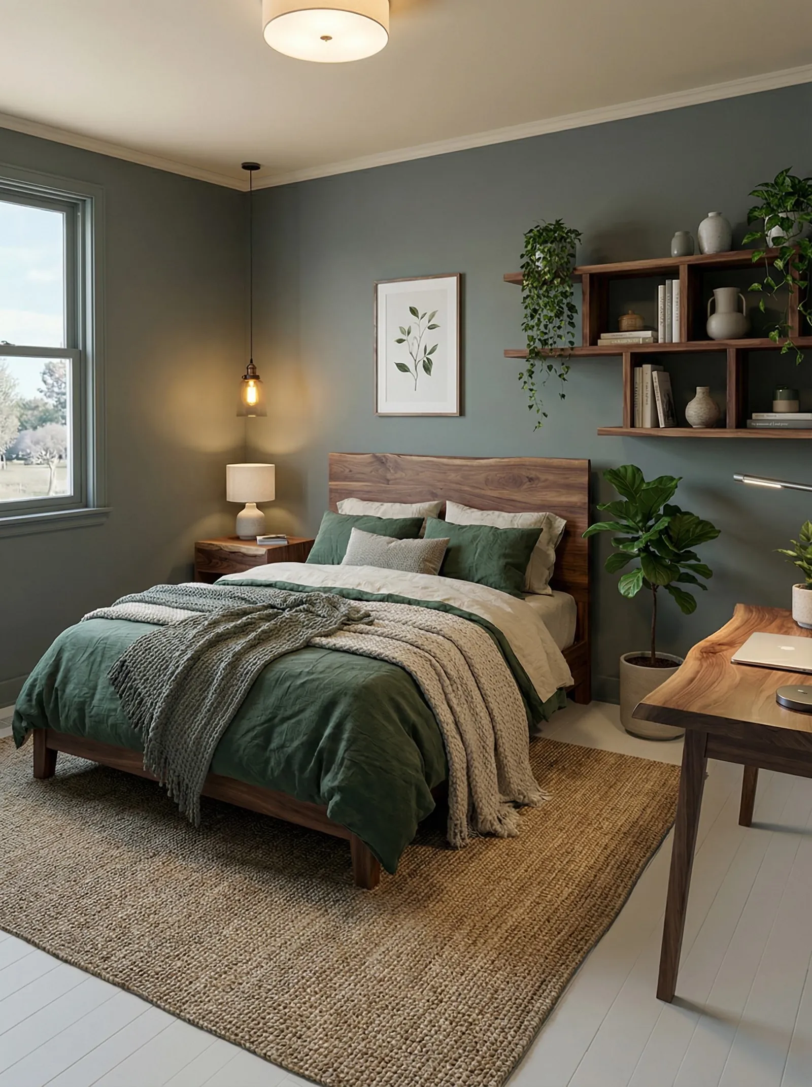 The same bedroom in biophilic style: muted blue-green walls, a walnut platform bed with forest-green linen, trailing plants on wall shelves and a fiddle-leaf fig.