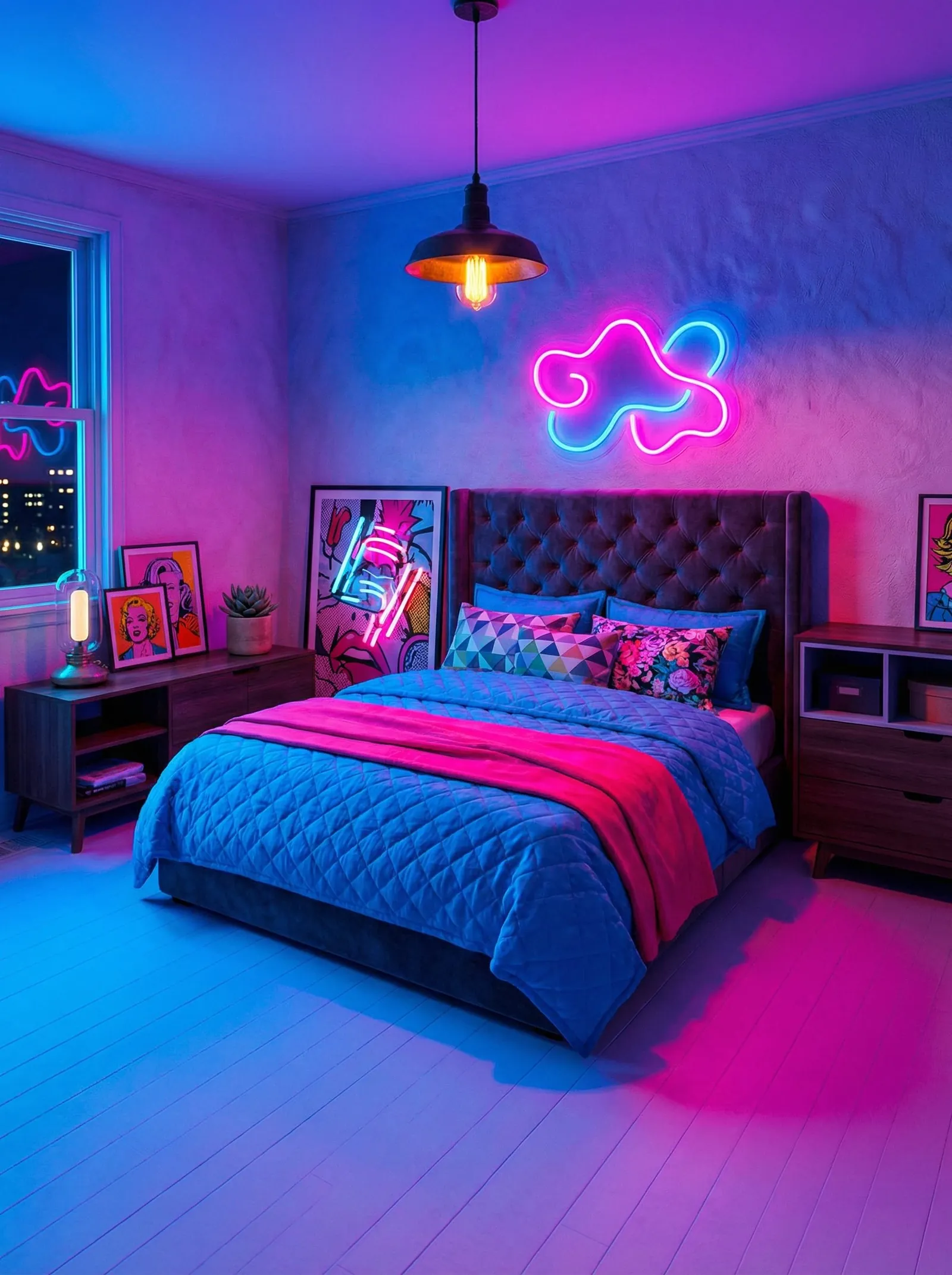 Bedroom at night washed in pink and cyan neon, with a tufted wingback headboard, a neon squiggle sign on the wall, a quilted blue duvet and pink throw, a Marilyn pop-art diptych propped on a dresser, a comic-panel canvas leaning against the wall, and a city skyline through the window.
