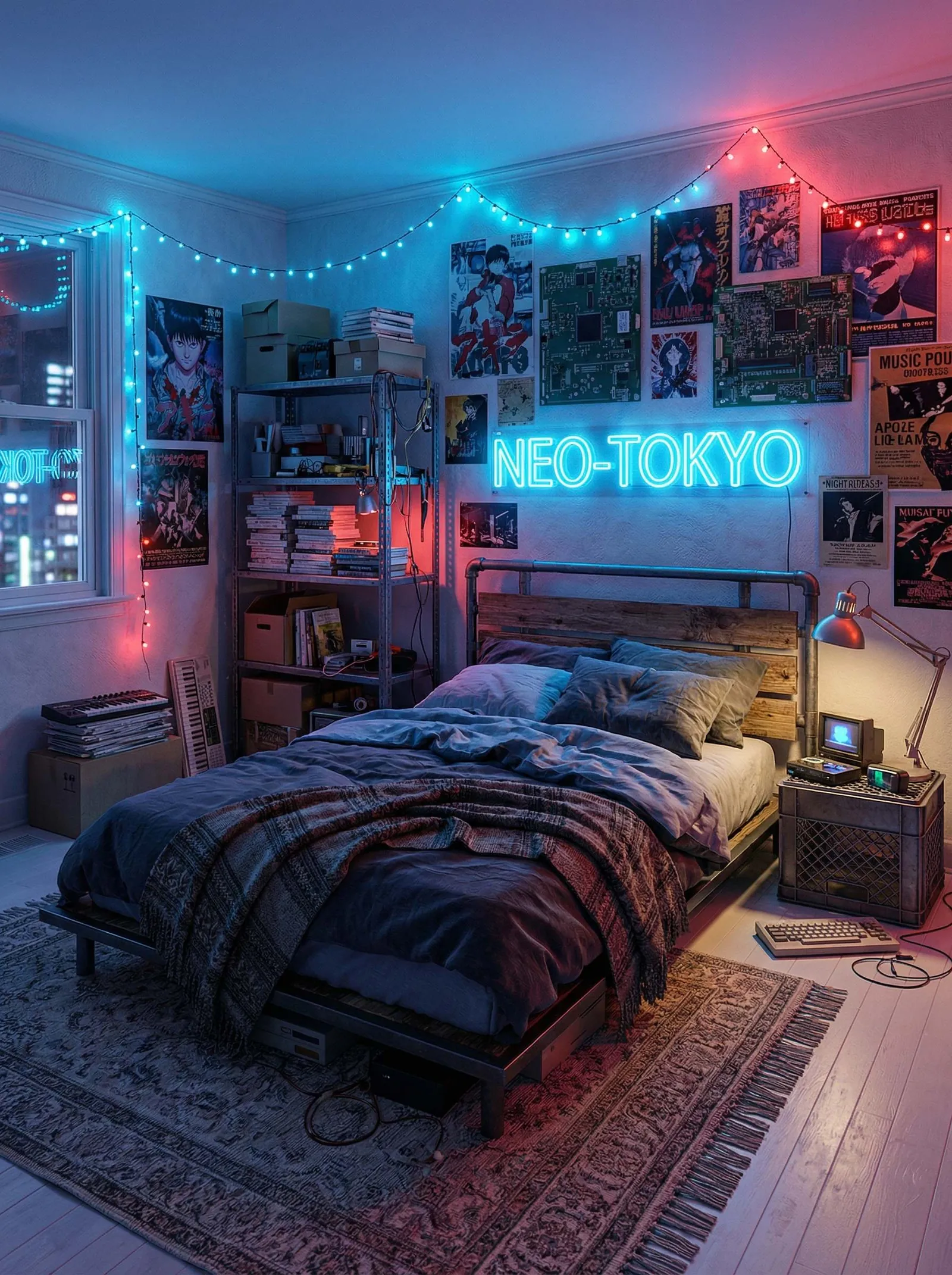 Bedroom at night lit by teal and red string lights, a blue "NEO-TOKYO" neon sign glowing above an industrial pipe-and-timber bed, walls papered with anime and circuit-board posters, a wire shelving unit stacked with books and CDs, a small retro monitor and red anglepoise lamp on a milk-crate nightstand, over layered kilim rugs on a white plank floor.