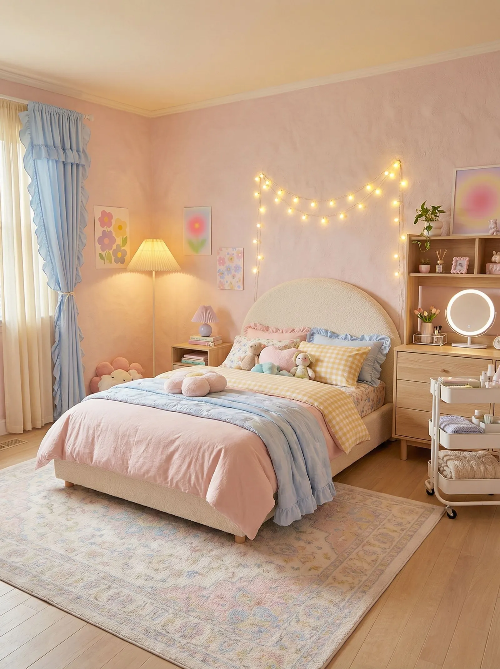 The same bedroom as a pastel kids room: pink plaster walls, a cream boucle arched headboard, layered pastel bedding, ruffled blue curtains, string lights and a lit vanity.