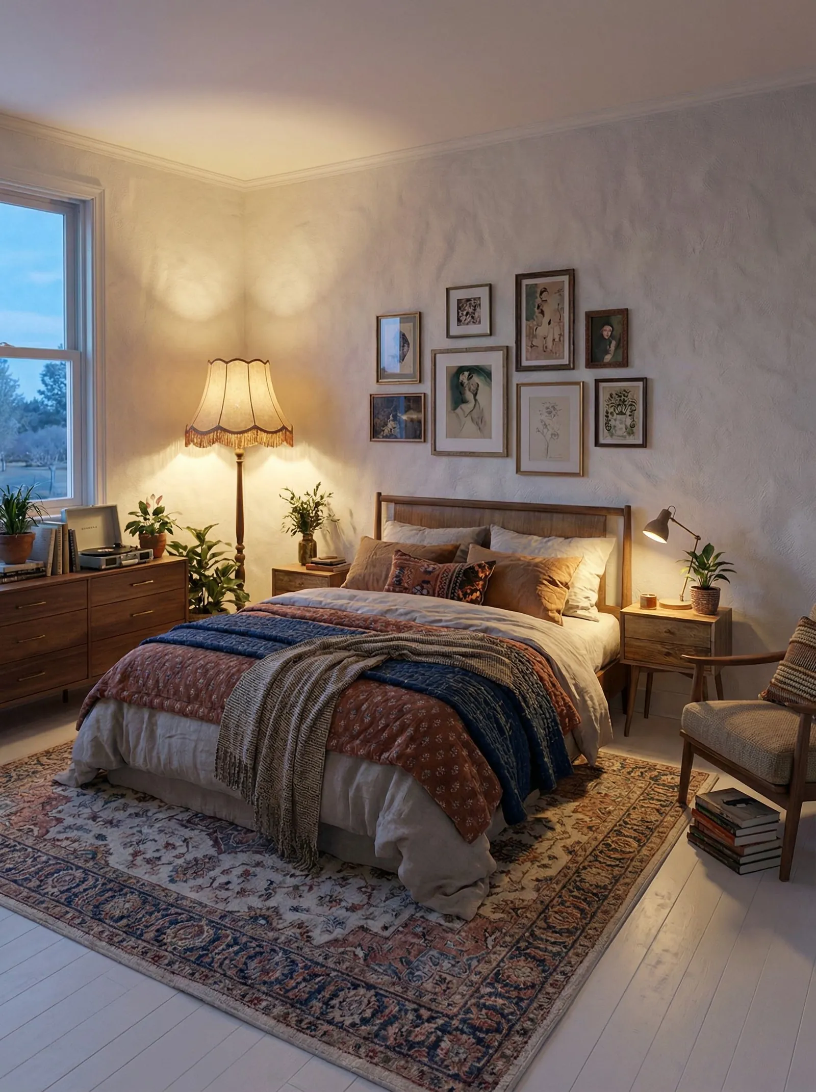 Bedroom at dusk with textured plaster walls, eight mismatched framed prints stacked above a wooden headboard, a fringed silk floor lamp beside the window, a walnut dresser holding a record player and potted plants, and a faded Persian rug on a white plank floor.
