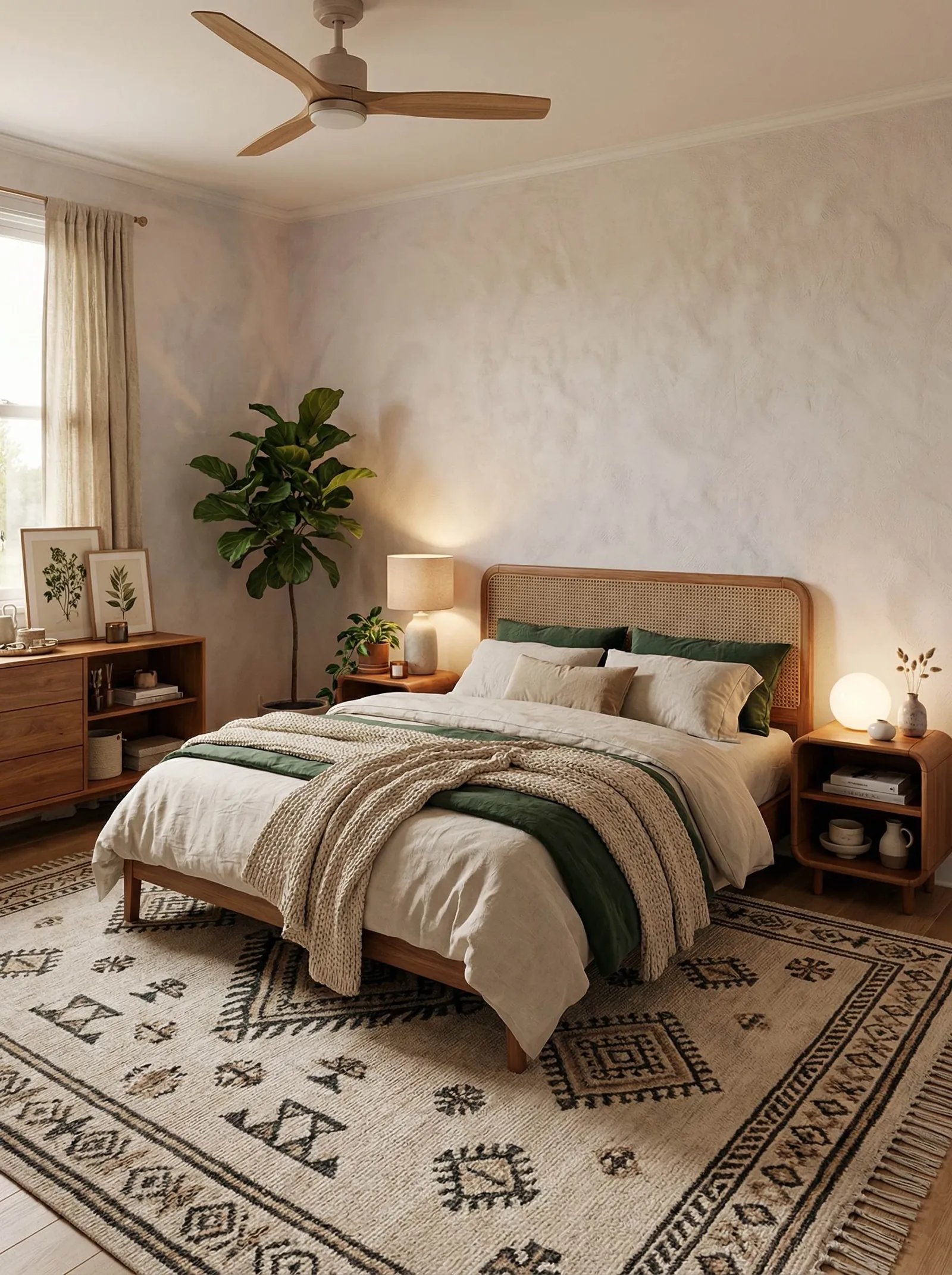 Bedroom with a three-blade wooden ceiling fan, an arched cane headboard in teak, forest green pillows and throw over cream linen, a fiddle leaf fig, a walnut credenza with botanical prints and a black and cream Berber rug