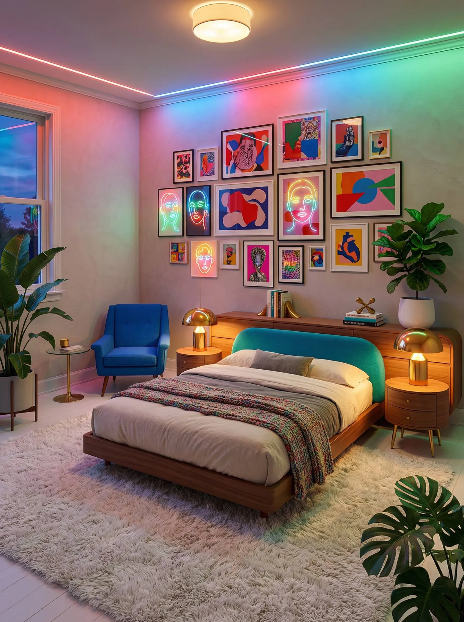 Bedroom at night with an RGB LED strip washing the ceiling and walls pink, blue and green, a dense salon-style wall of pop art prints including glowing neon line-drawn faces, a teal curved mid-century headboard, walnut nightstands with gold mushroom lamps, a royal-blue armchair, tall plants, neutral bedding with a multicolour knit throw, and a cream shag rug.