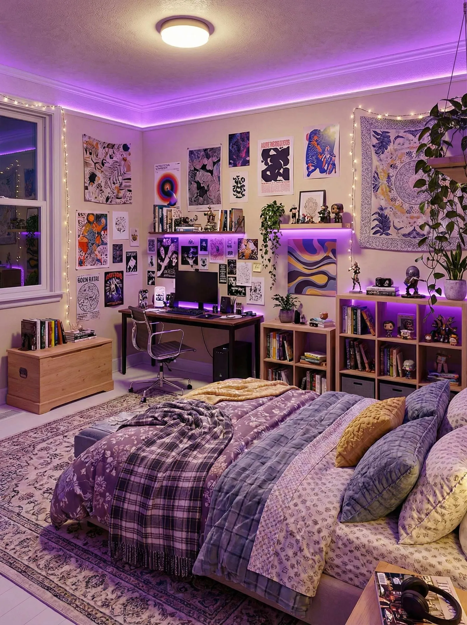 Cream-walled bedroom lit by a purple LED strip along the ceiling cove and warm fairy lights, with a dense gallery wall of art prints and a blue celestial tapestry, floating shelves with purple underglow holding books, plants and figures, a desk with a purple-backlit monitor and PC tower, cube bookshelves full of books and funko figures, and a bed with purple floral bedding, a plaid throw and mustard pillows on a patterned rug.