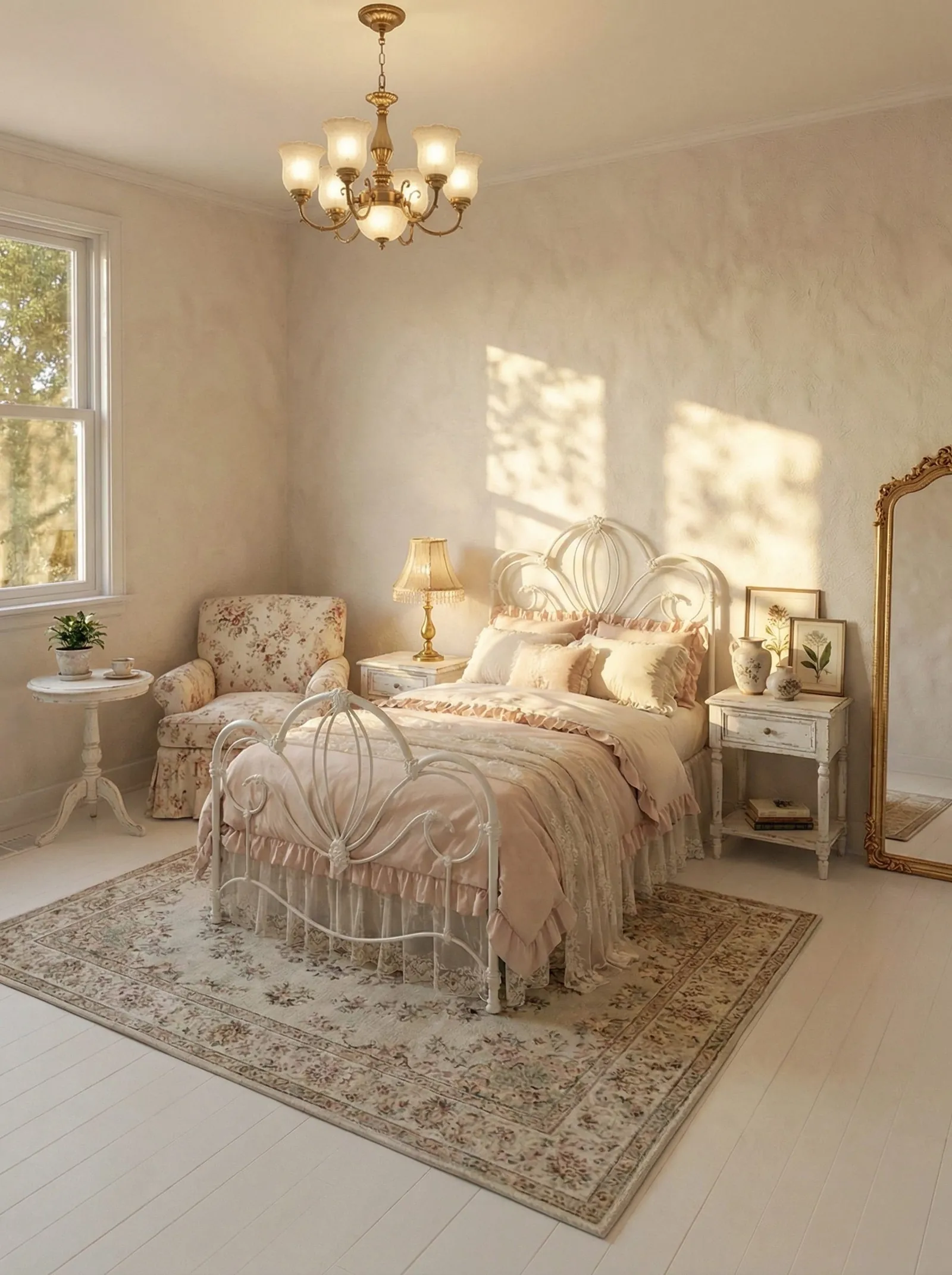 Sunlit cream bedroom with a white wrought-iron bed, blush ruffled and lace bedding, a floral upholstered armchair, a brass chandelier, a distressed white nightstand, a gilt floor mirror and a floral bordered rug on white plank floors