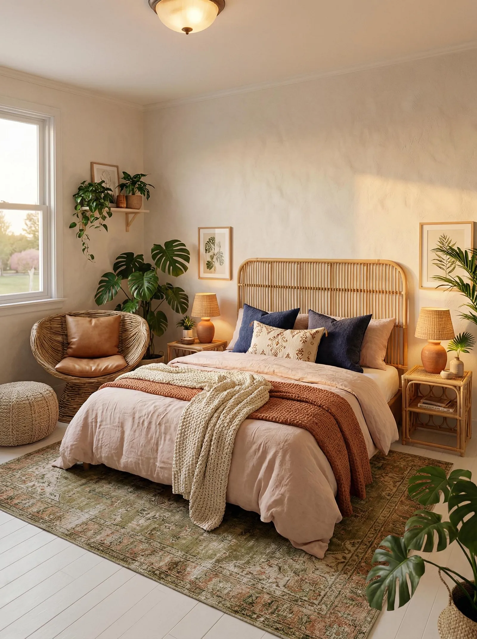 Bedroom with a tall arched bamboo spindle headboard, dusty pink duvet, navy velvet pillows, a rust waffle throw, terracotta lamps under rattan shades, a wicker egg chair with tan leather cushions, a knitted pouf, monstera plants and a faded green Persian rug