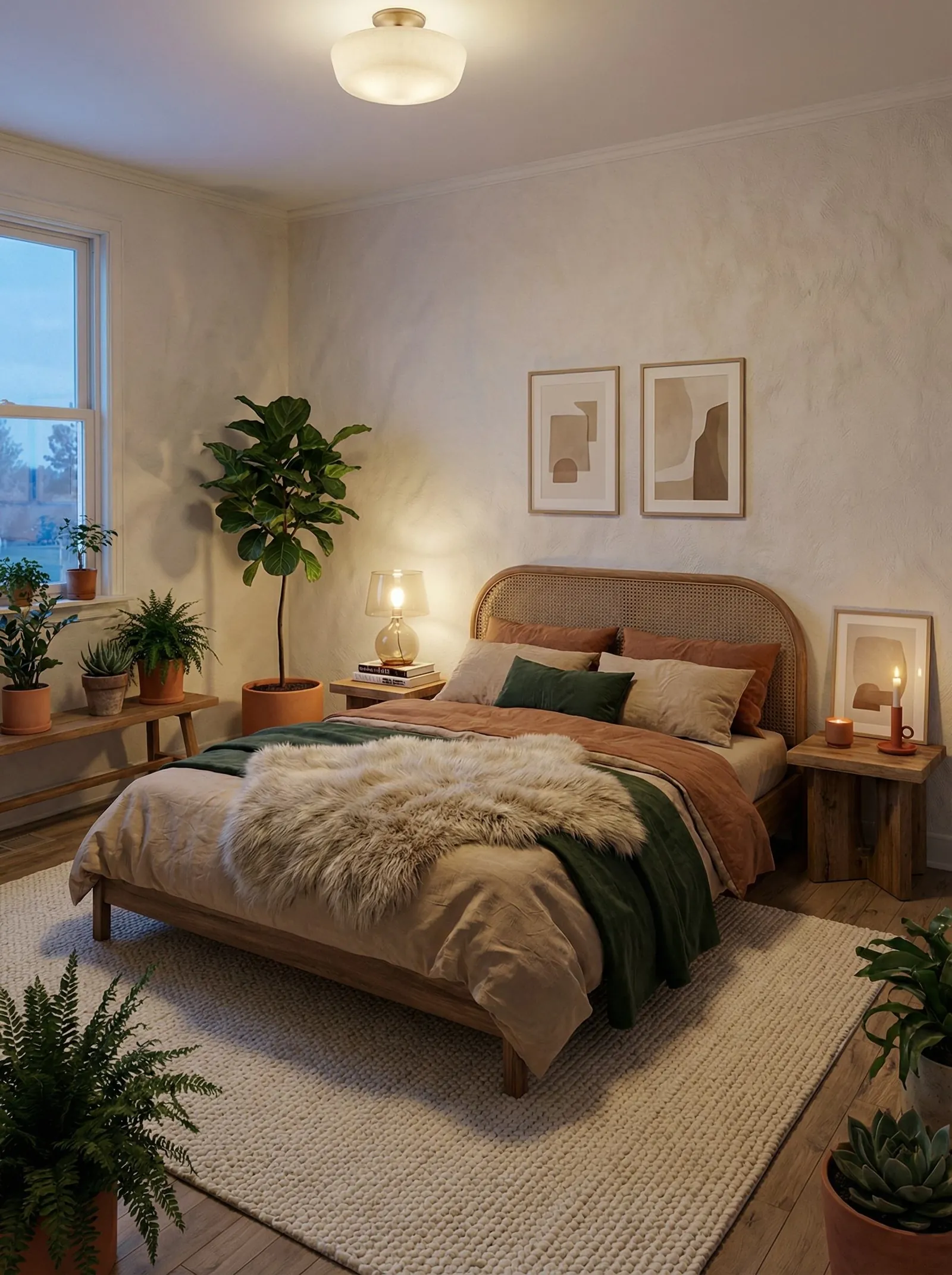 Bedroom with a glass schoolhouse ceiling light, an arched cane headboard, terracotta and forest green velvet bedding under a sheepskin throw, a chunky rustic wood nightstand, two soft abstract prints, a bench of terracotta pots under the window and a thick cream wool rug