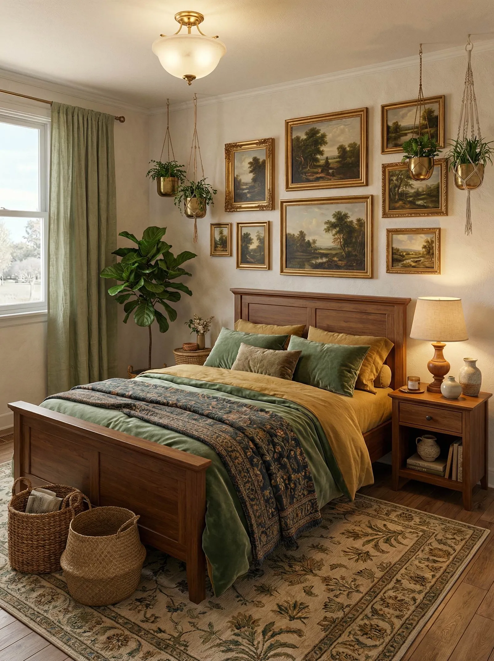 Warm bedroom with a wood bed, mustard and sage-green velvet bedding with a paisley throw, a salon wall of gilt-framed landscape oil paintings, hanging plants in brass pots, a fiddle-leaf fig, green curtains, and a floral rug.