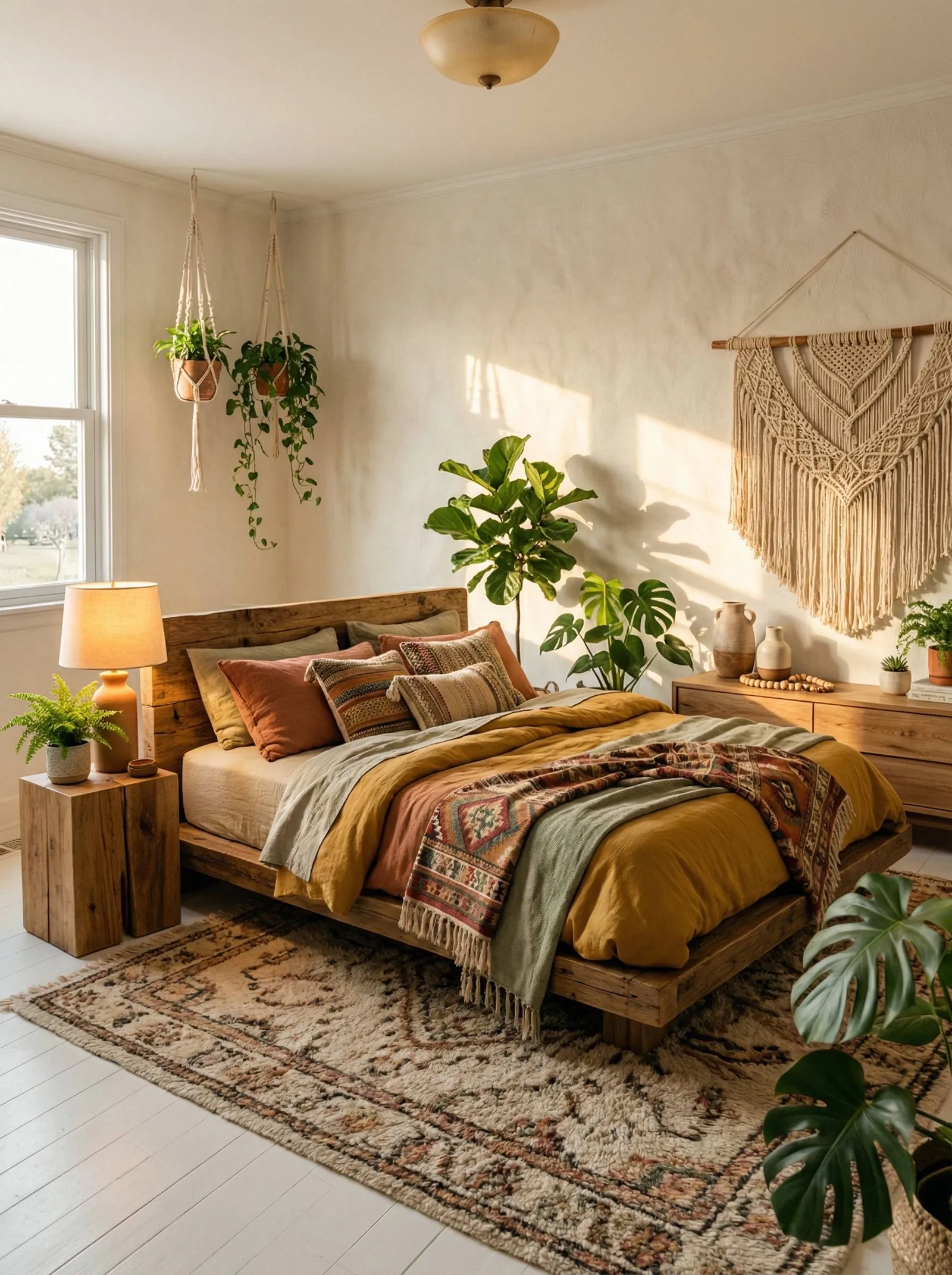 Sunlit bedroom with a reclaimed timber platform bed, mustard duvet, a fringed kilim throw, a large macrame wall hanging, macrame plant hangers holding pothos, a shaggy Beni Ourain rug, an oak dresser and a fiddle leaf fig