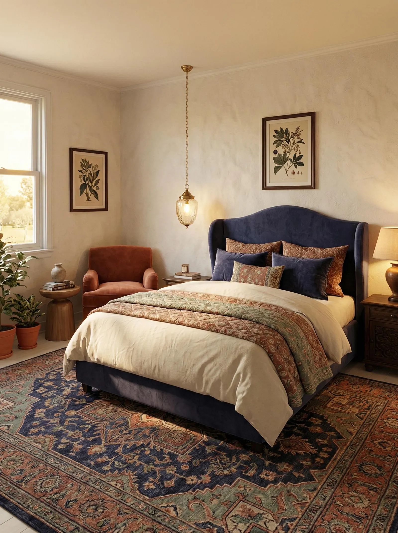 Warmly lit bedroom with a navy velvet wingback headboard, cream duvet with a paisley quilt folded across the foot, a rust velvet armchair, a brass pendant on a long chain, two framed botanical prints and terracotta pots by the window, over a navy and rust Persian rug.