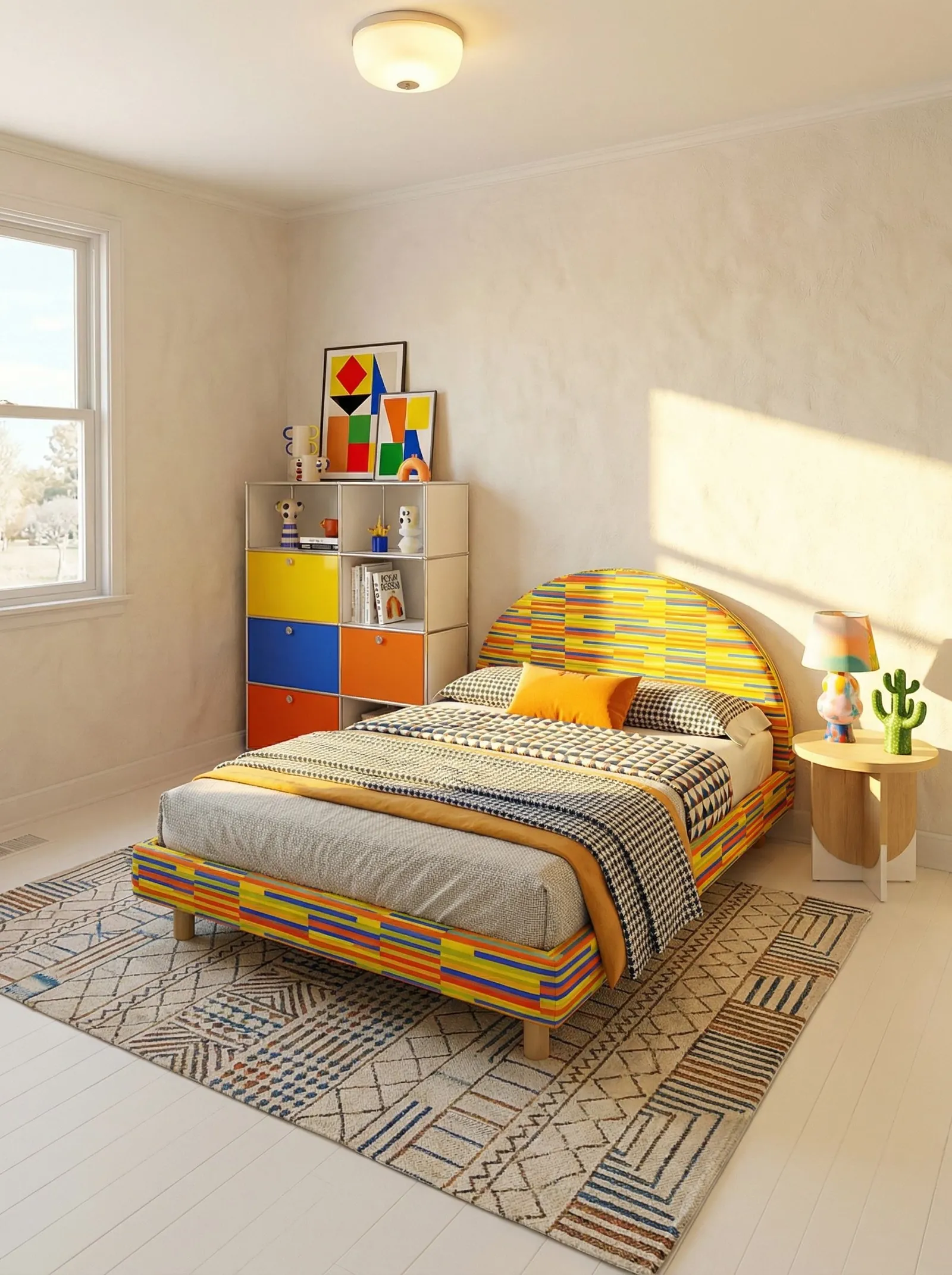 The same bedroom in postmodern style: warm neutral plaster walls, a multicolour striped arched bed, a primary-colour metal storage grid and geometric abstract art.