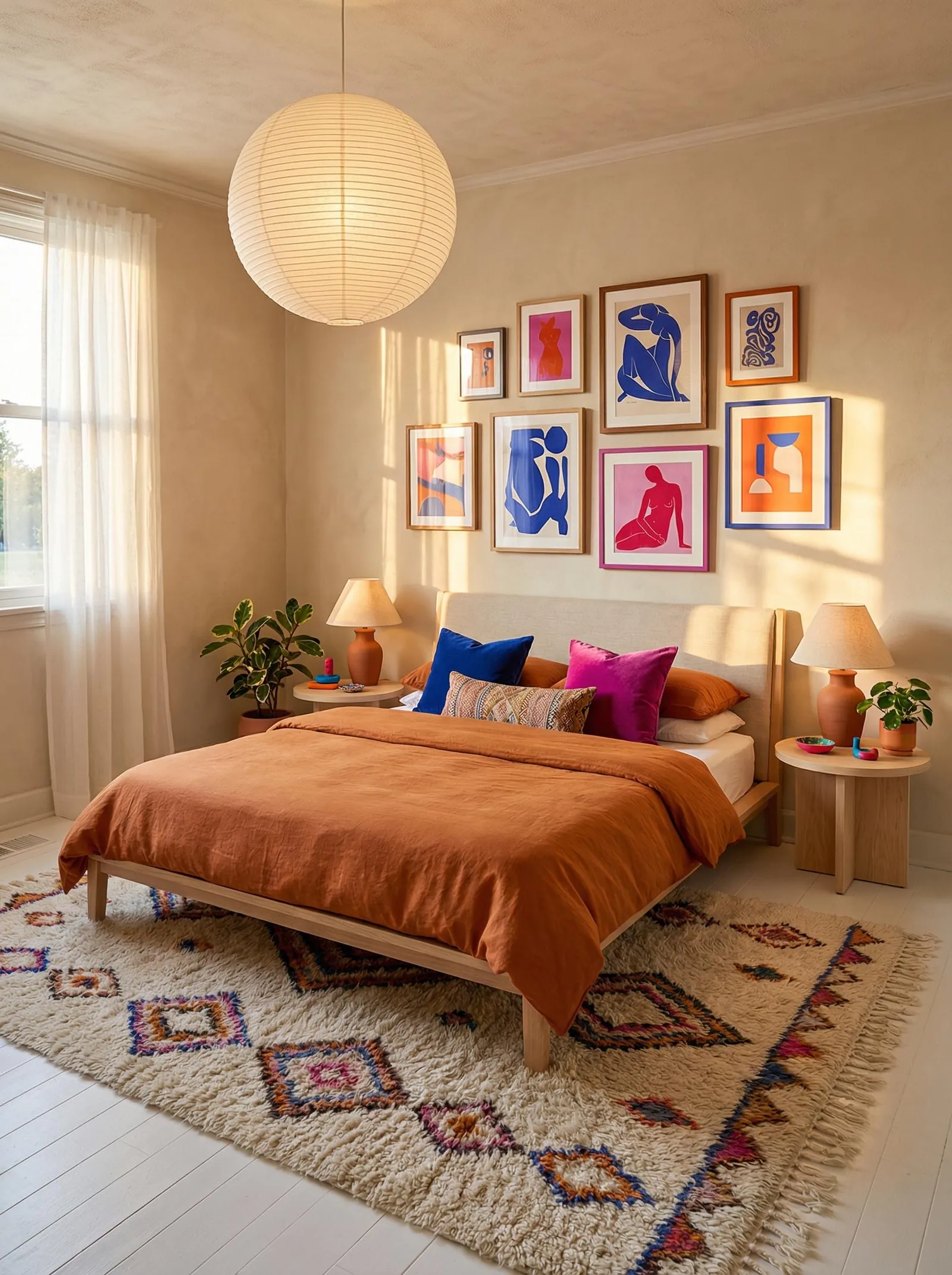 Bedroom with nine framed cut-out style prints in blue, pink and orange above an upholstered cream headboard, a burnt orange linen duvet, cobalt and magenta velvet pillows, terracotta lamps, a large paper globe pendant and a Beni Ourain rug with pink and blue diamonds