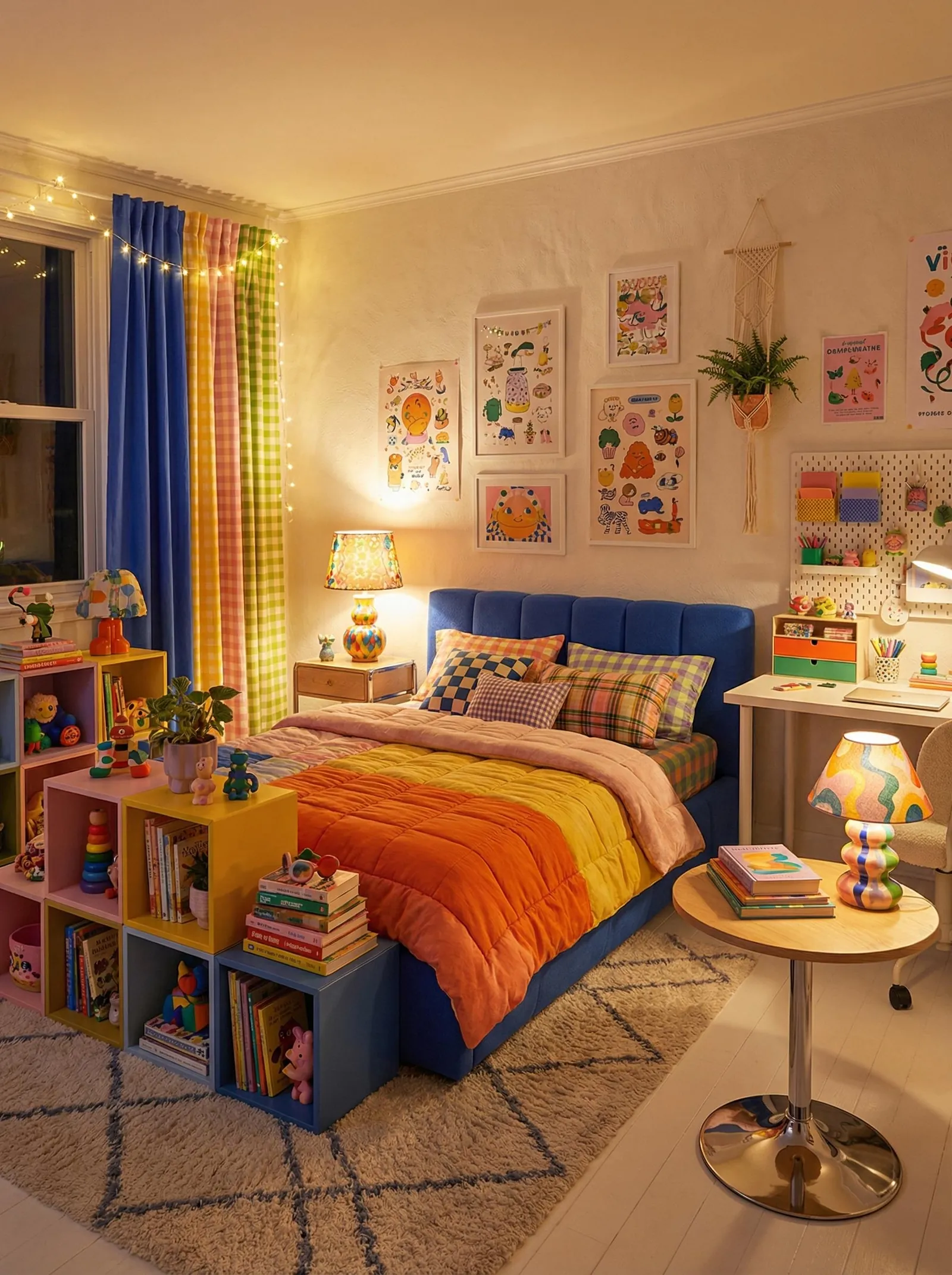 The same bedroom in colourful maximalism at night: a blue tufted bed, an orange-to-yellow ombre quilt, clashing curtains, cube storage crammed with books and a dense art wall.