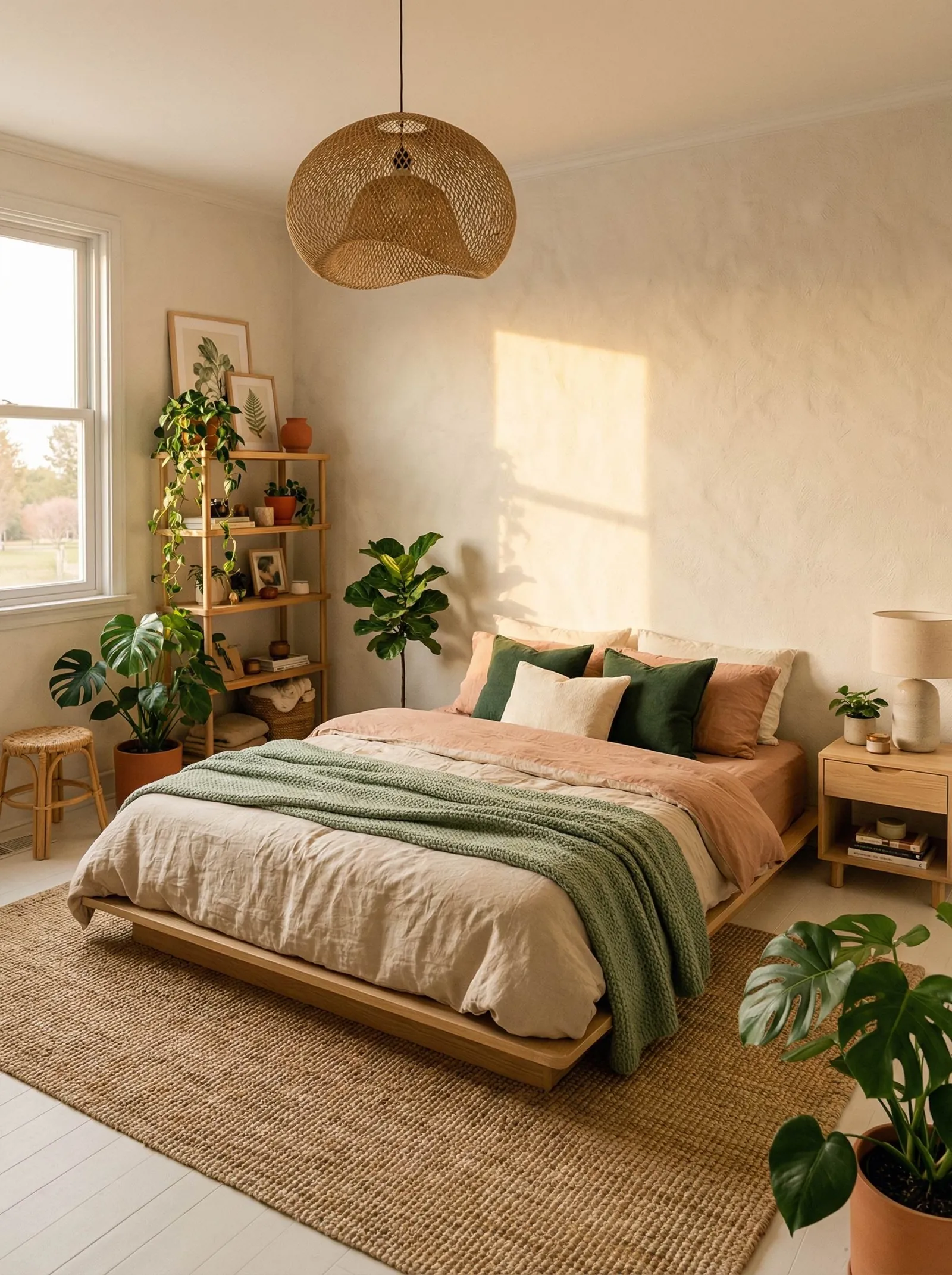 Bedroom with a low oak platform bed and no headboard against a bare plaster wall, salmon linen bedding, an olive knit throw and green pillows, an open oak shelving unit with trailing pothos, monstera plants, a rattan stool, a large open-weave rattan pendant and a jute rug