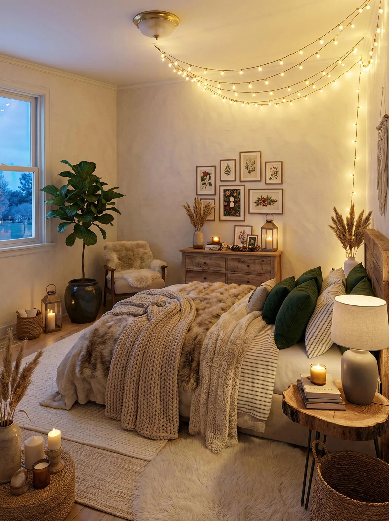Bedroom at night with limewashed walls, string lights swagged across the ceiling, a botanical gallery wall above a reclaimed wood dresser, faux fur and chunky knit throws on the bed, green velvet and ticking stripe pillows, a live-edge slab side table, pampas grass, candles in lanterns, and a jute rug.