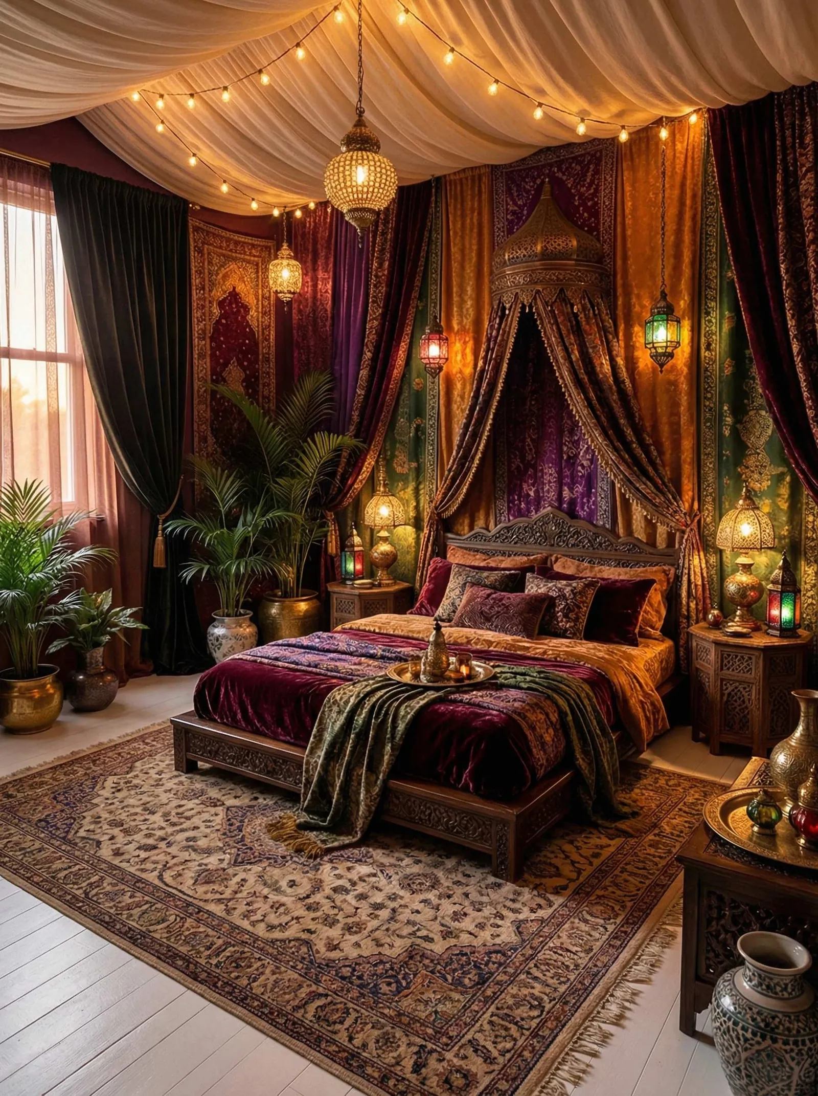 Opulent bedroom with a draped fabric ceiling and string lights, jewel-toned velvet wall drapes, a carved dark-wood canopy bed in magenta and gold velvet, coloured-glass Moroccan lanterns, potted palms, and a large Persian rug.