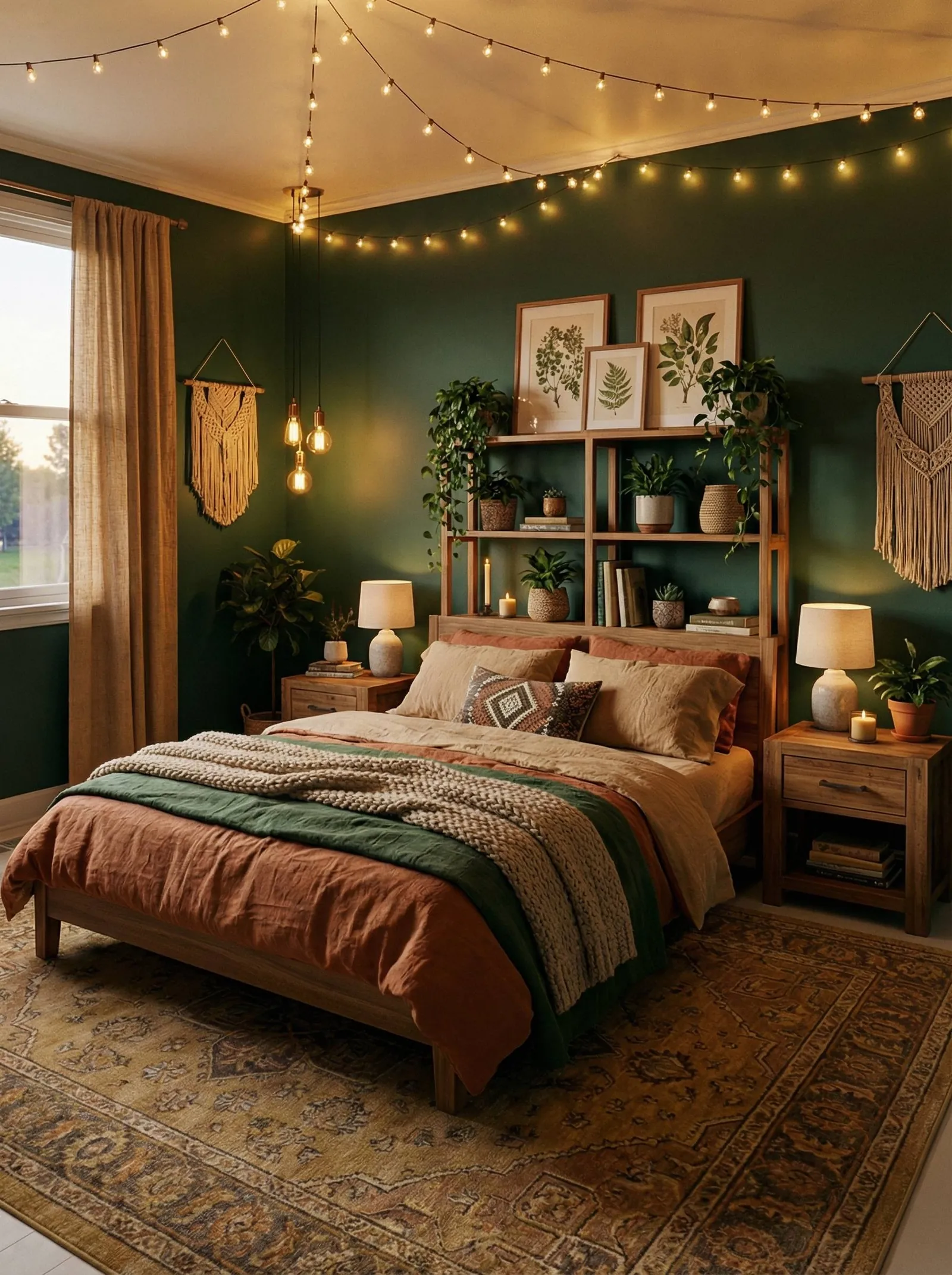 Bedroom with dark forest green walls, festoon string lights strung across the ceiling, an exposed-bulb cluster pendant, two macrame hangings, a shelving unit built over the headboard holding plants and botanical prints, rust and green bedding, mustard curtains and a gold Persian rug