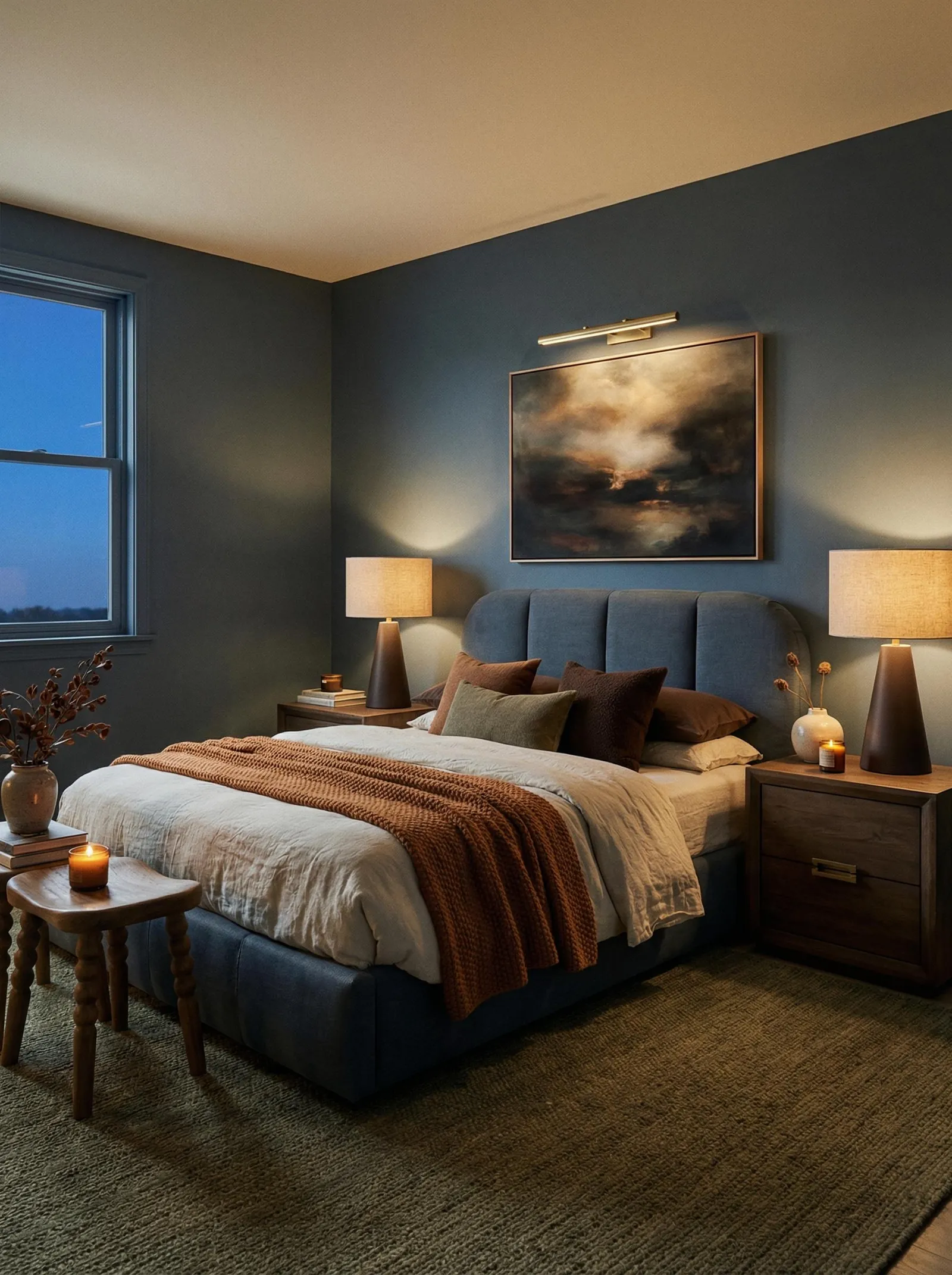 Bedroom with dark slate painted walls and a cream ceiling, a blue grey channel tufted upholstered bed, cream linen with a rust knit throw, olive and brown pillows, two dark wood nightstands with cone base lamps, a brass picture light over a large cloudy abstract painting, a wood spindle stool with a lit candle, dried branches in a stoneware vase, and an olive jute rug.