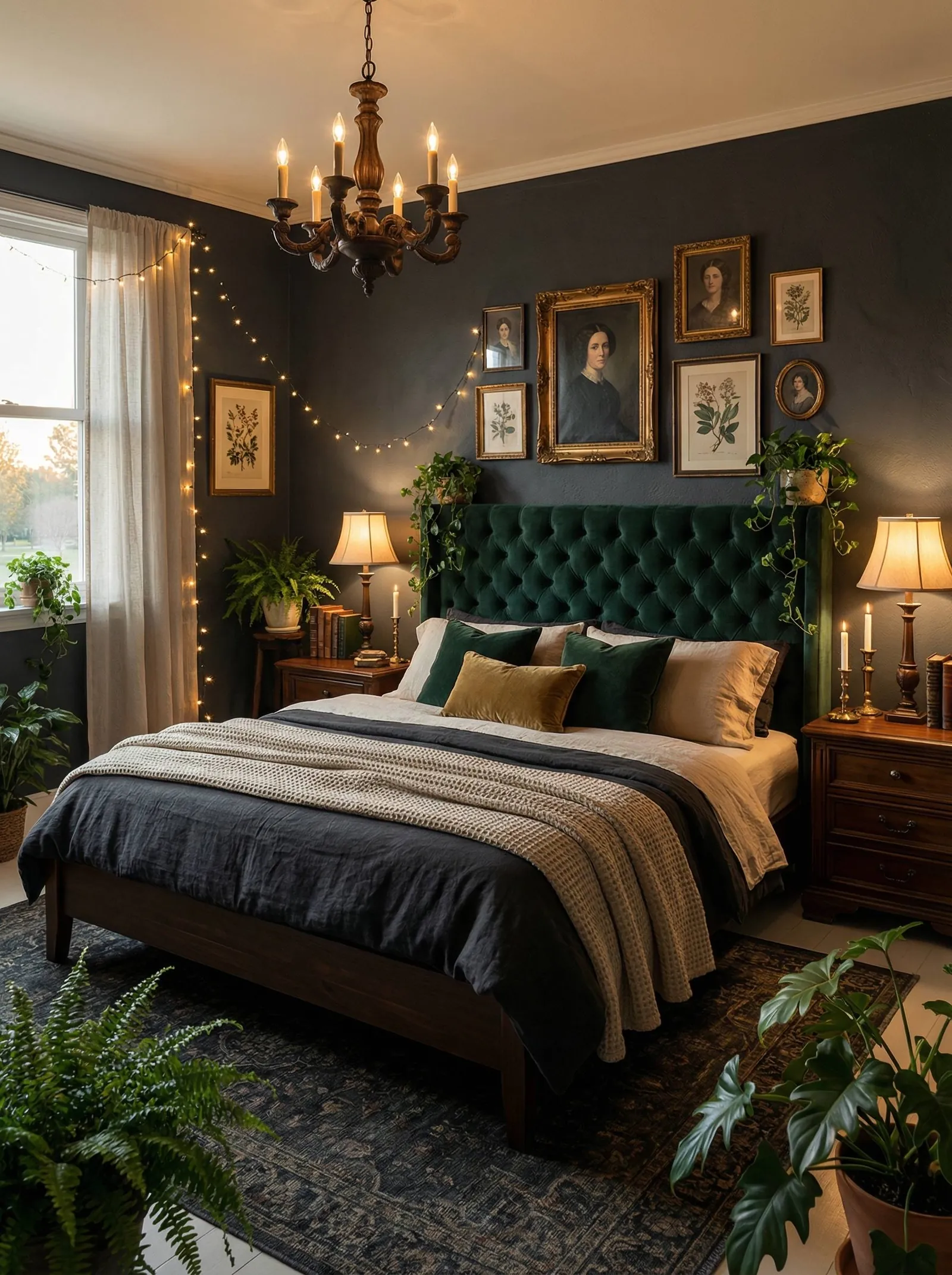 Cozy dark academia bedroom with near-black walls, an emerald tufted velvet headboard, layered charcoal linen, oatmeal waffle-knit and cream bedding with olive and green velvet pillows, trailing ferns, pothos and monstera around the bed, warm fairy lights strung on the wall, a wooden candle chandelier, brass lamps with cream shades, and a gallery of gilt-framed Victorian portraits and botanical prints.