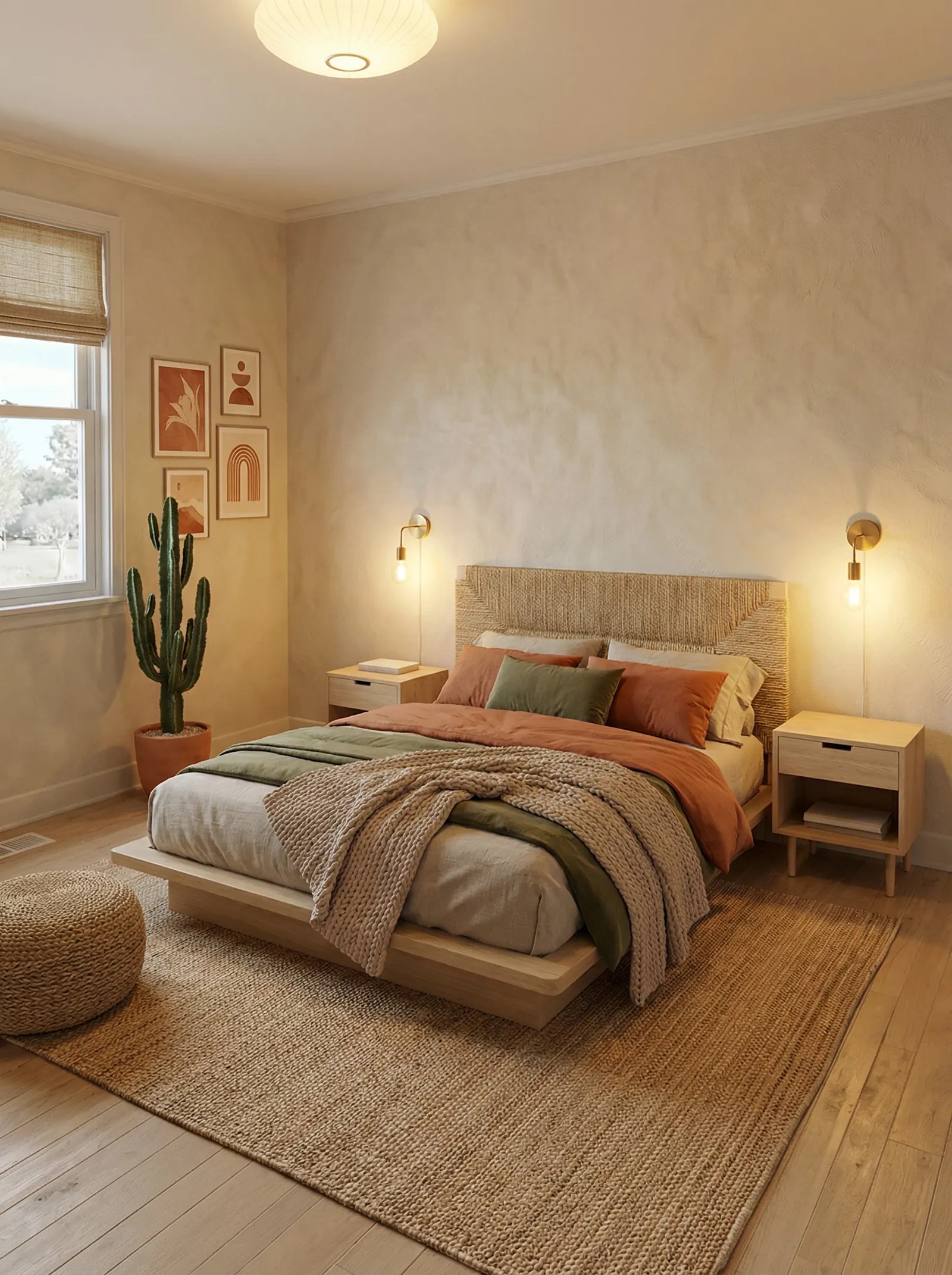 Bedroom with sand plaster walls, a woven fringed jute headboard, two brass plug-in wall sconces with visible cords, a tall cactus in a terracotta pot, four desert-toned arch prints, a bamboo roman blind, terracotta and olive bedding, a pale oak platform bed with matching nightstands and a jute rug