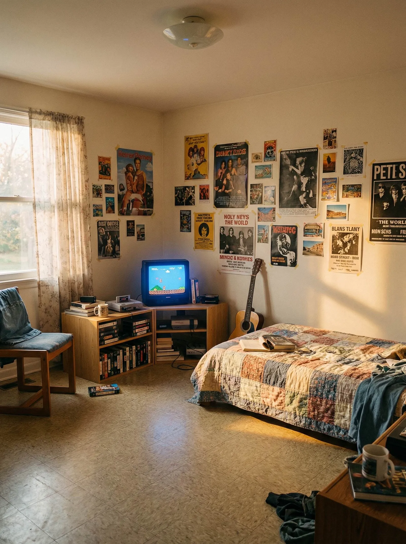 Dim golden-hour bedroom with walls papered edge to edge in taped rock posters and gig flyers, sheer floral curtains, a boxy CRT television playing an 8-bit platformer on a wood stand, stacks of VHS tapes and books, an acoustic guitar leaning against the wall, a patchwork quilt on the bed, a denim jacket over a wood chair, and a checkerboard vinyl floor.