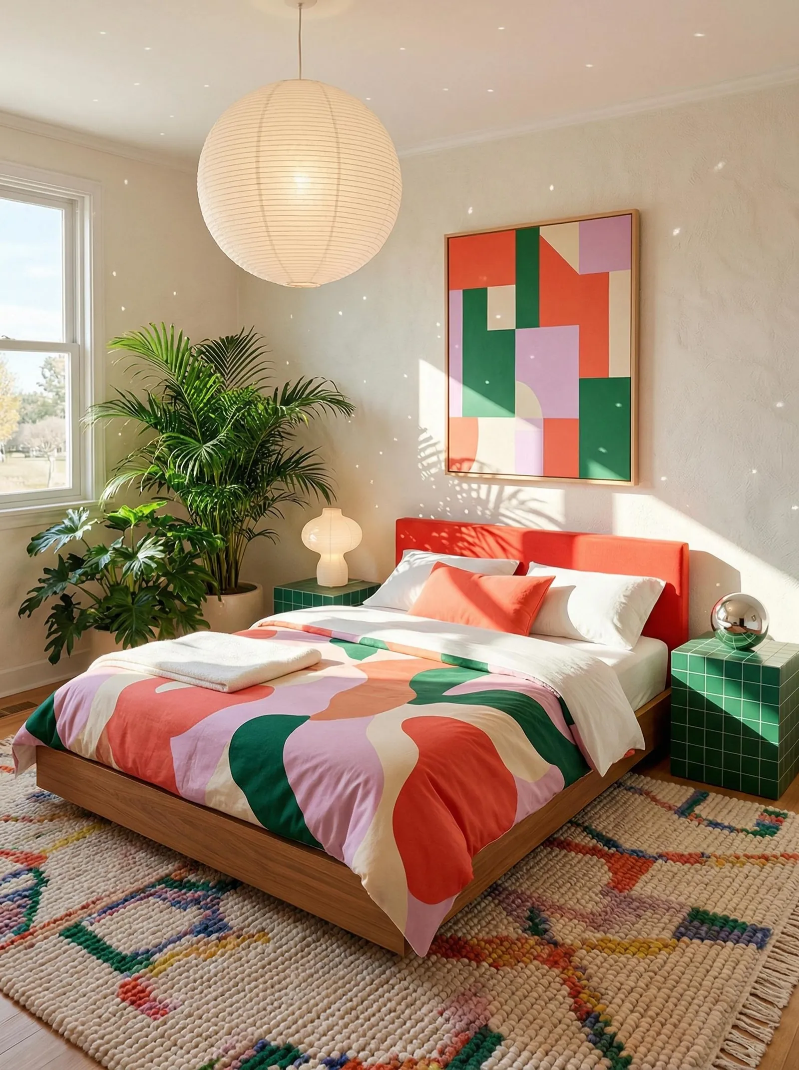Sunlit bedroom with cream plaster walls, a low white paper globe pendant, a blocky geometric print in orange, green and lilac above a coral upholstered headboard, a wavy colour-block duvet in coral, pink and green, two glossy green tile-cube nightstands, big tropical plants in the corner, and a rainbow-flecked berber rug on a walnut platform bed.