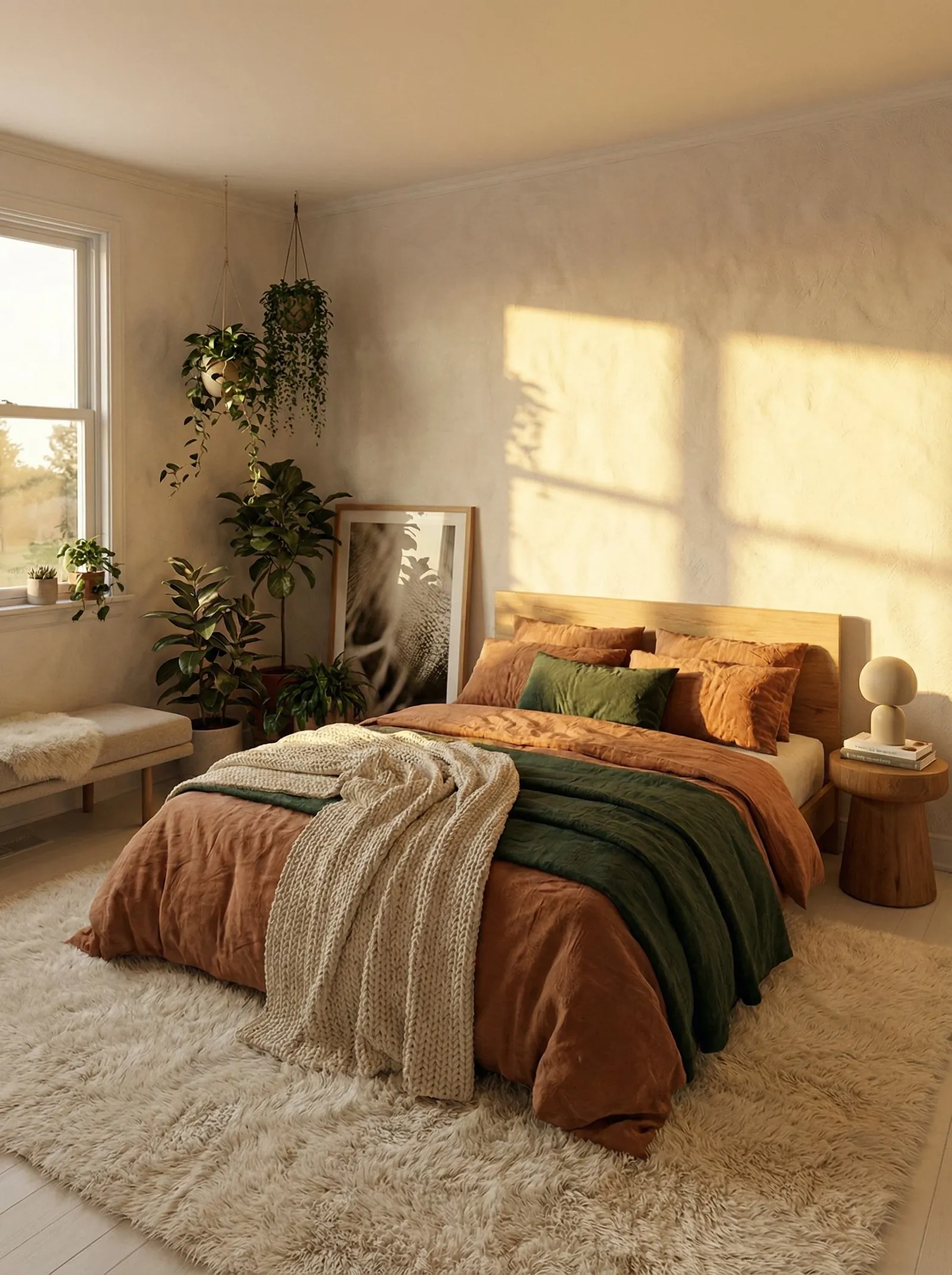 Bedroom with plaster walls in strong late sunlight, a pale oak slab headboard, rust linen bedding with a forest green velvet blanket and a chunky cream cable throw, a deep cream flokati rug, hanging pothos in the corner, a rubber plant, a large framed print leaning on the floor and an upholstered bench with a sheepskin