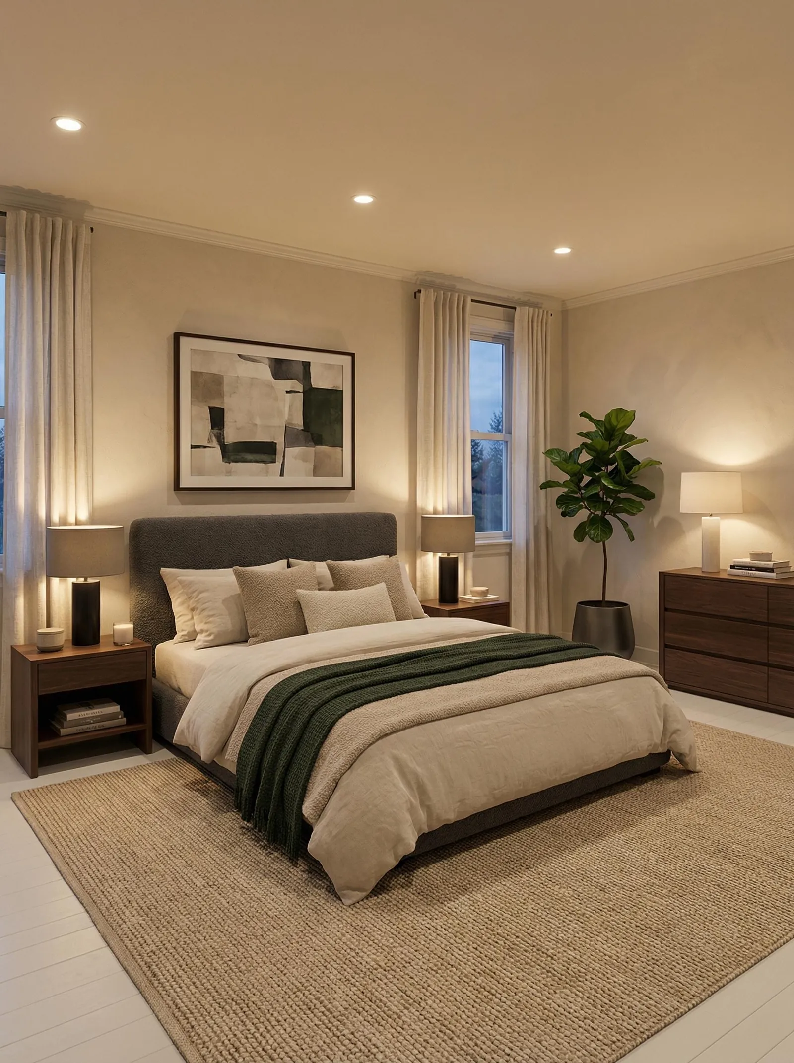 The same bedroom in transitional style: warm greige walls, a rounded grey boucle headboard, layered neutral bedding with a green throw, walnut nightstands and a jute rug.
