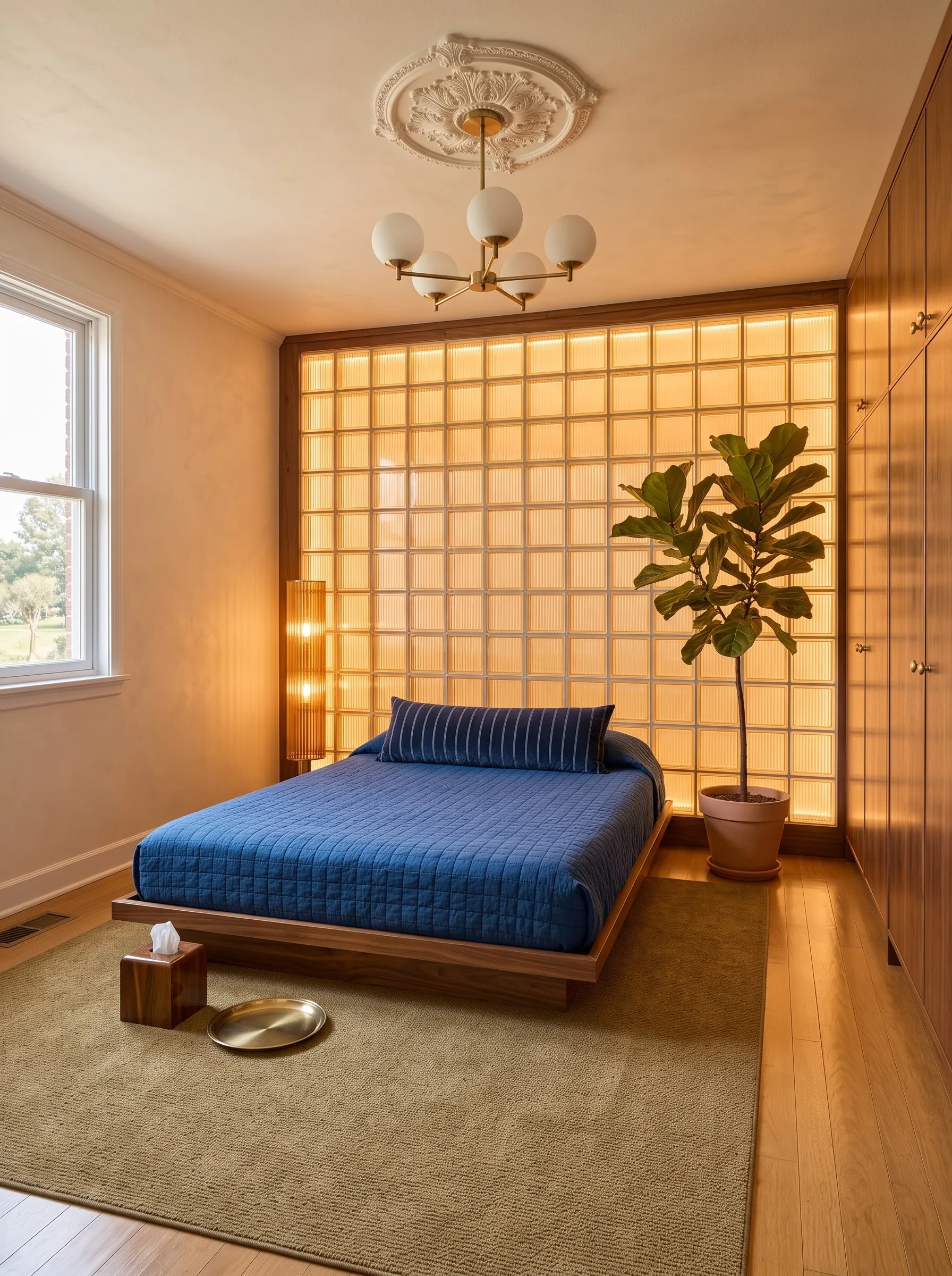 Retro bedroom with a backlit amber glass block wall, walnut built-ins, a sputnik globe chandelier, a low platform bed with a blue quilt and a ceiling medallion
