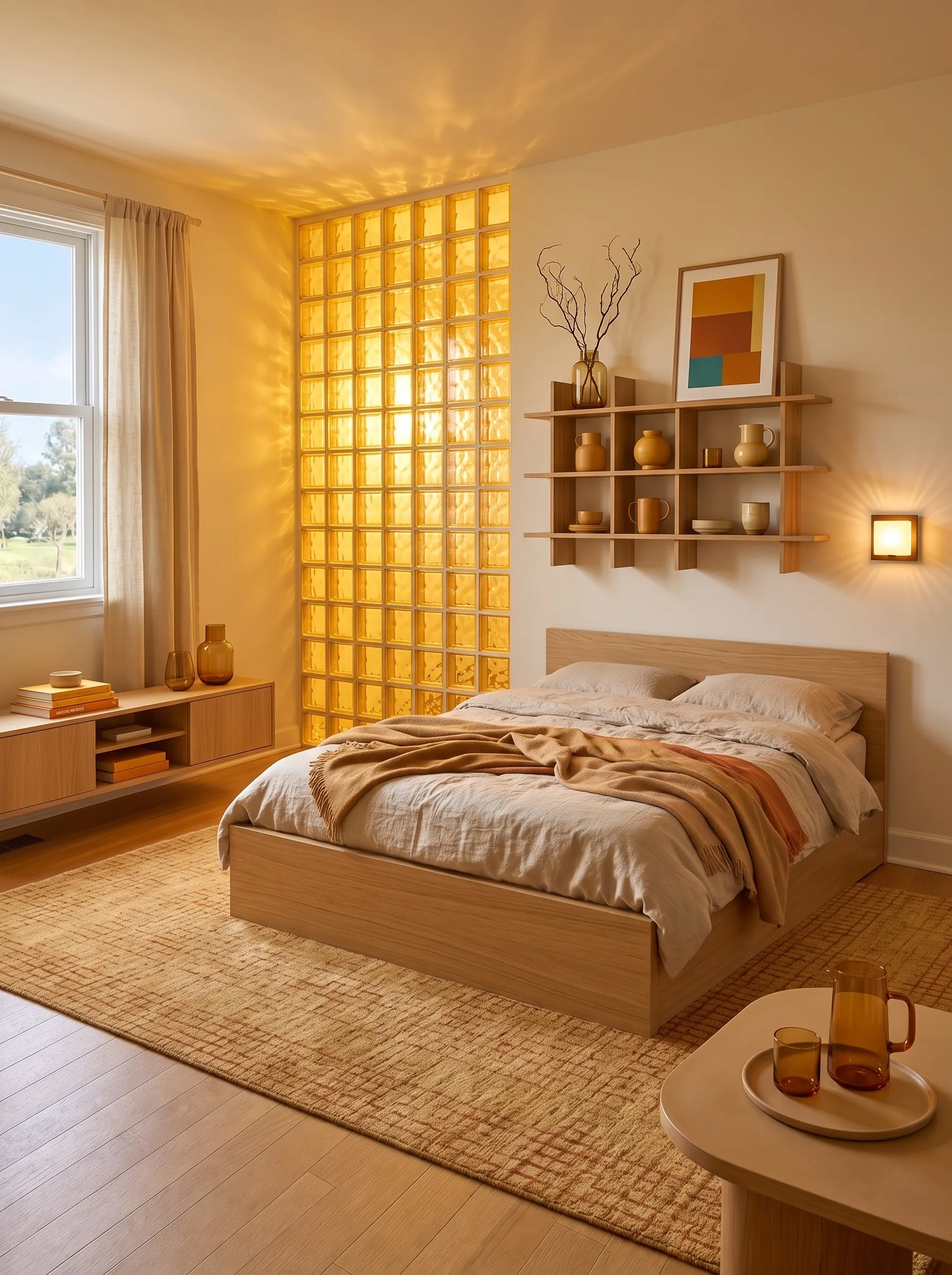 Warm modern bedroom with an oak bed, cream linen, a backlit amber glass block partition and oak shelves with pottery