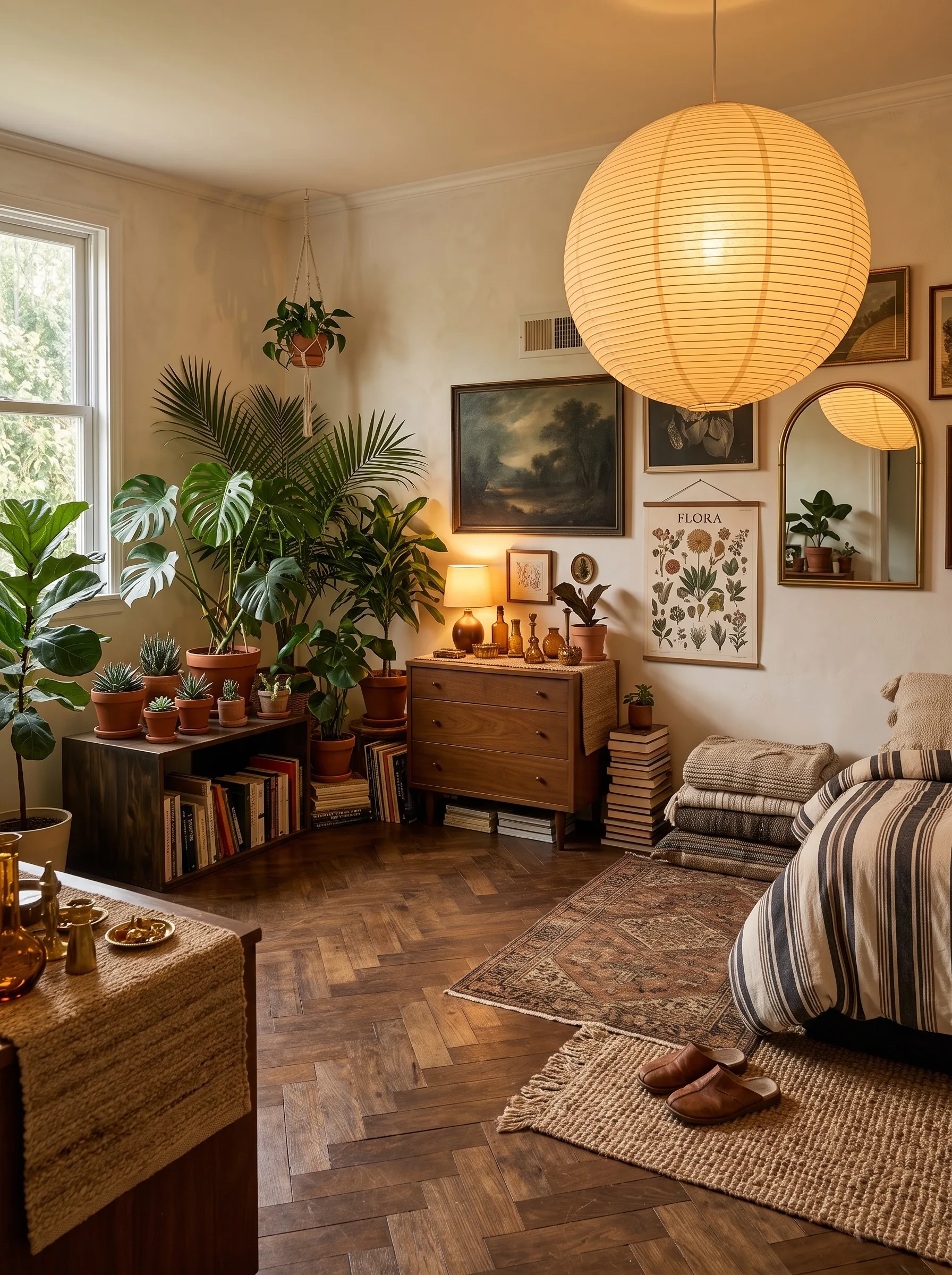 Bedroom with a striped terracotta and cream duvet, a gallery wall, a paper lantern pendant, hanging and potted plants everywhere, layered kilim and jute rugs and a herringbone parquet floor