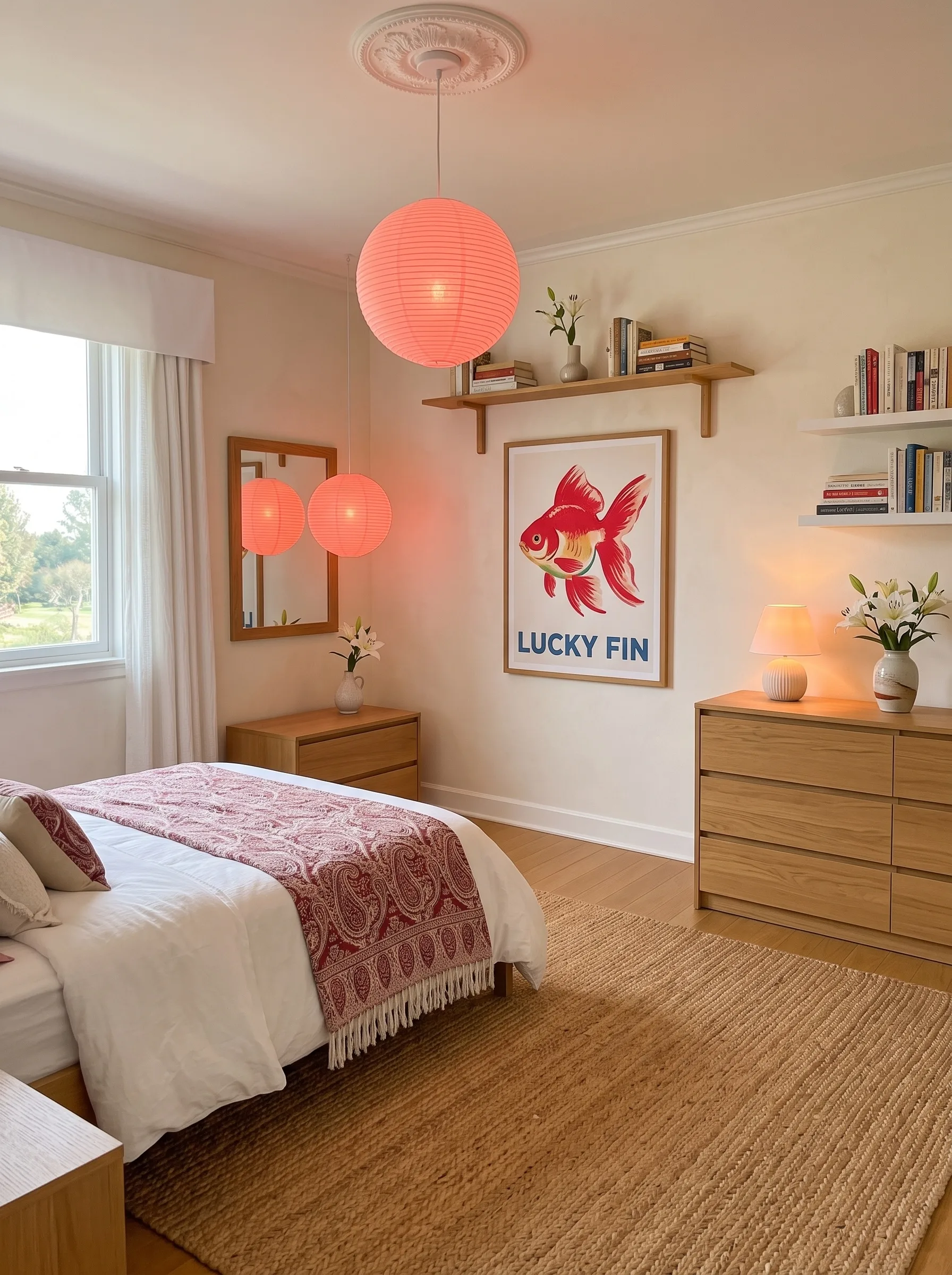 Japandi bedroom with cream walls, an oak bed and dressers, two red paper lanterns, a goldfish poster and a red patterned runner on a wood floor
