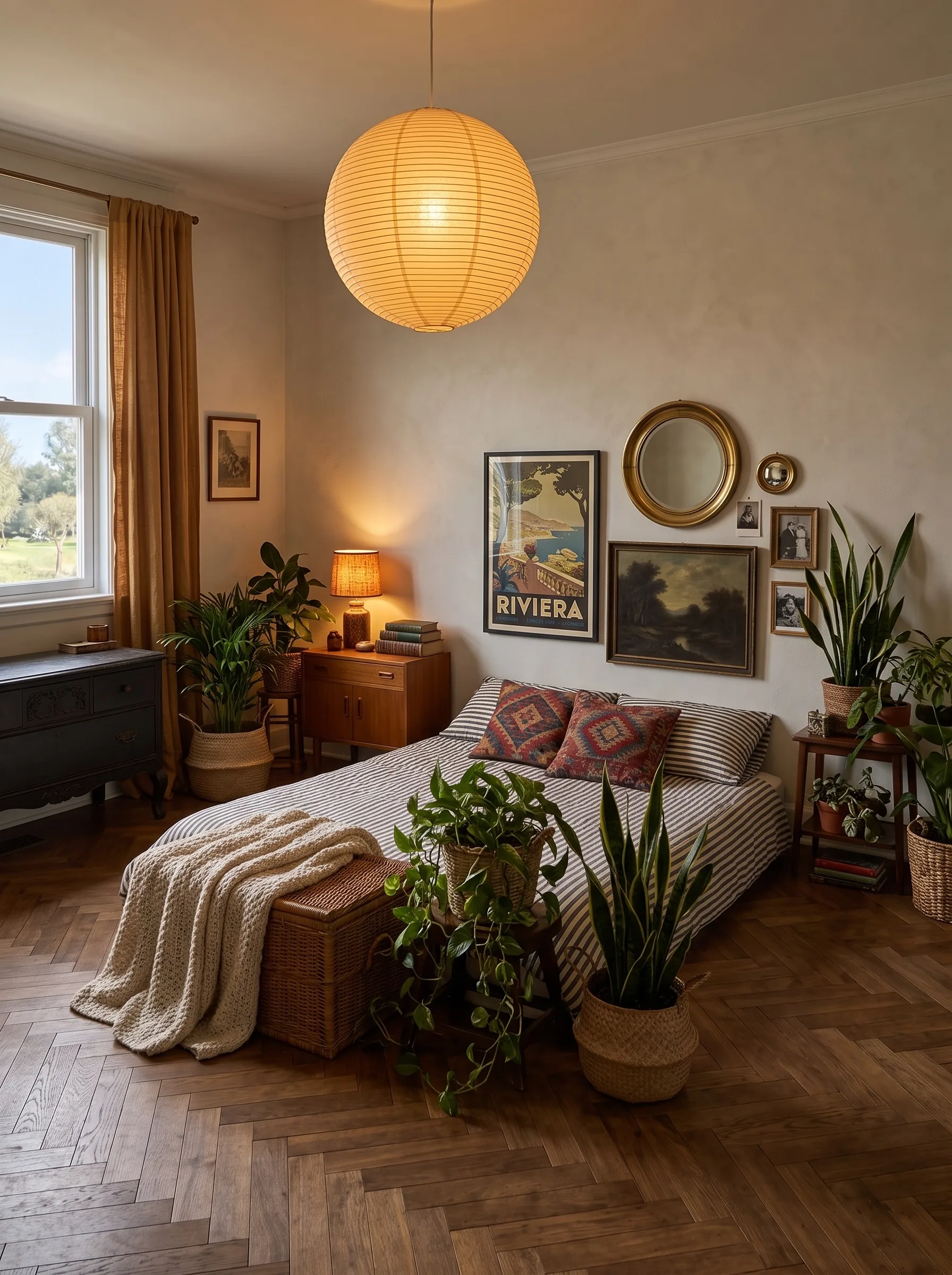 Bedroom with a striped linen duvet and kilim pillows, a gallery of gold-framed mirrors and prints, a teak sideboard, a black painted dresser, plants and herringbone parquet