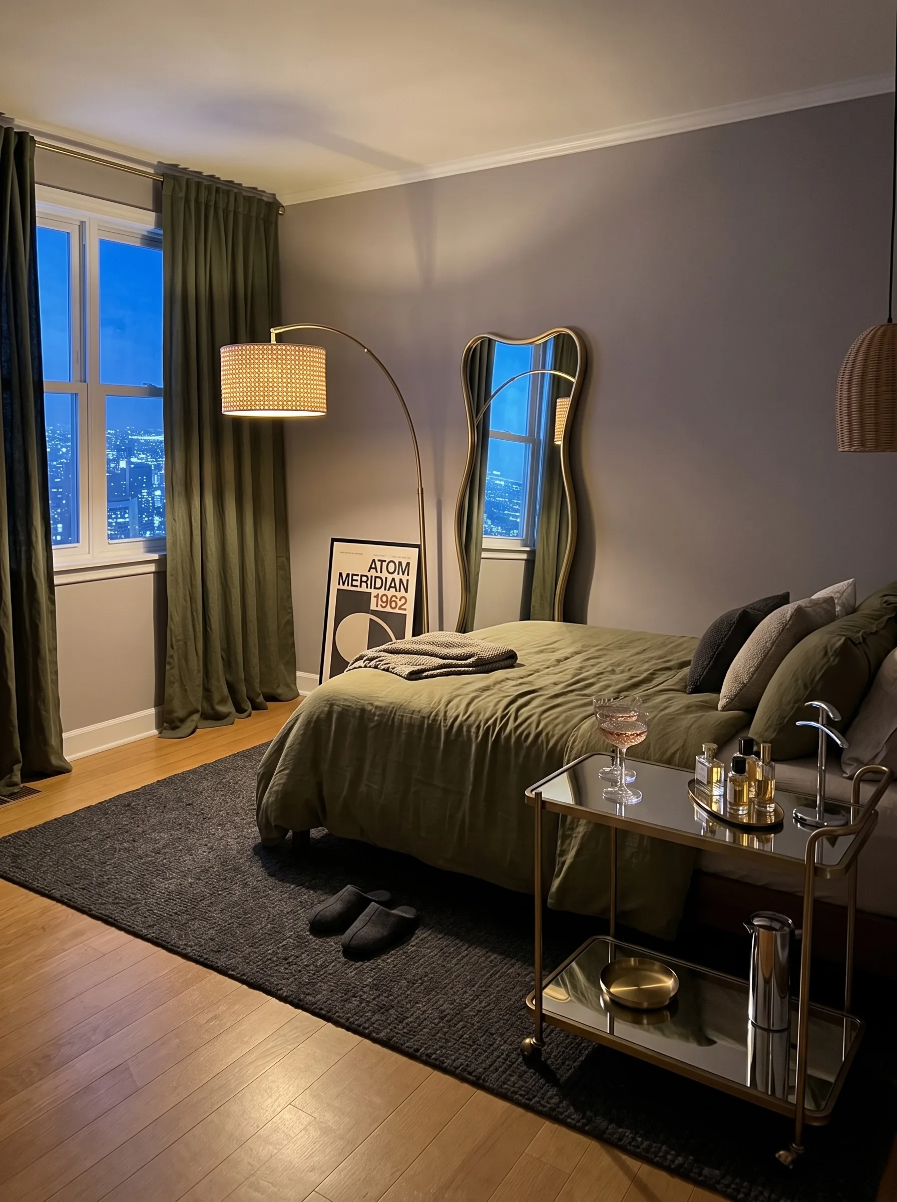 Evening glam bedroom with olive walls, dark green bedding, a brass bar cart, a gold wavy mirror and a night city skyline through the window