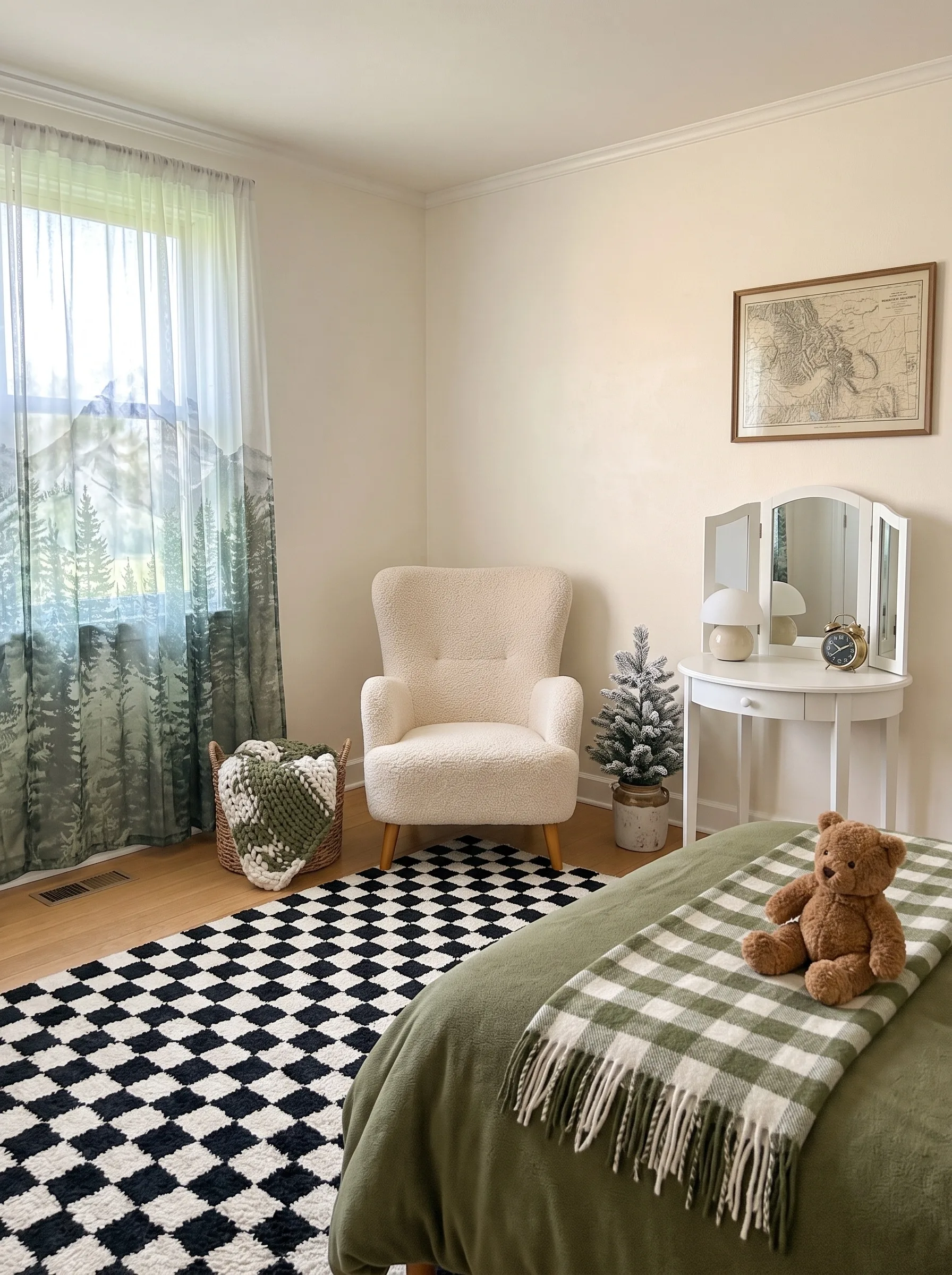 Kids bedroom with green gingham bedding, forest-print sheer curtains, a green and cream checkerboard rug, a white vanity, a small pine tree and a teddy bear