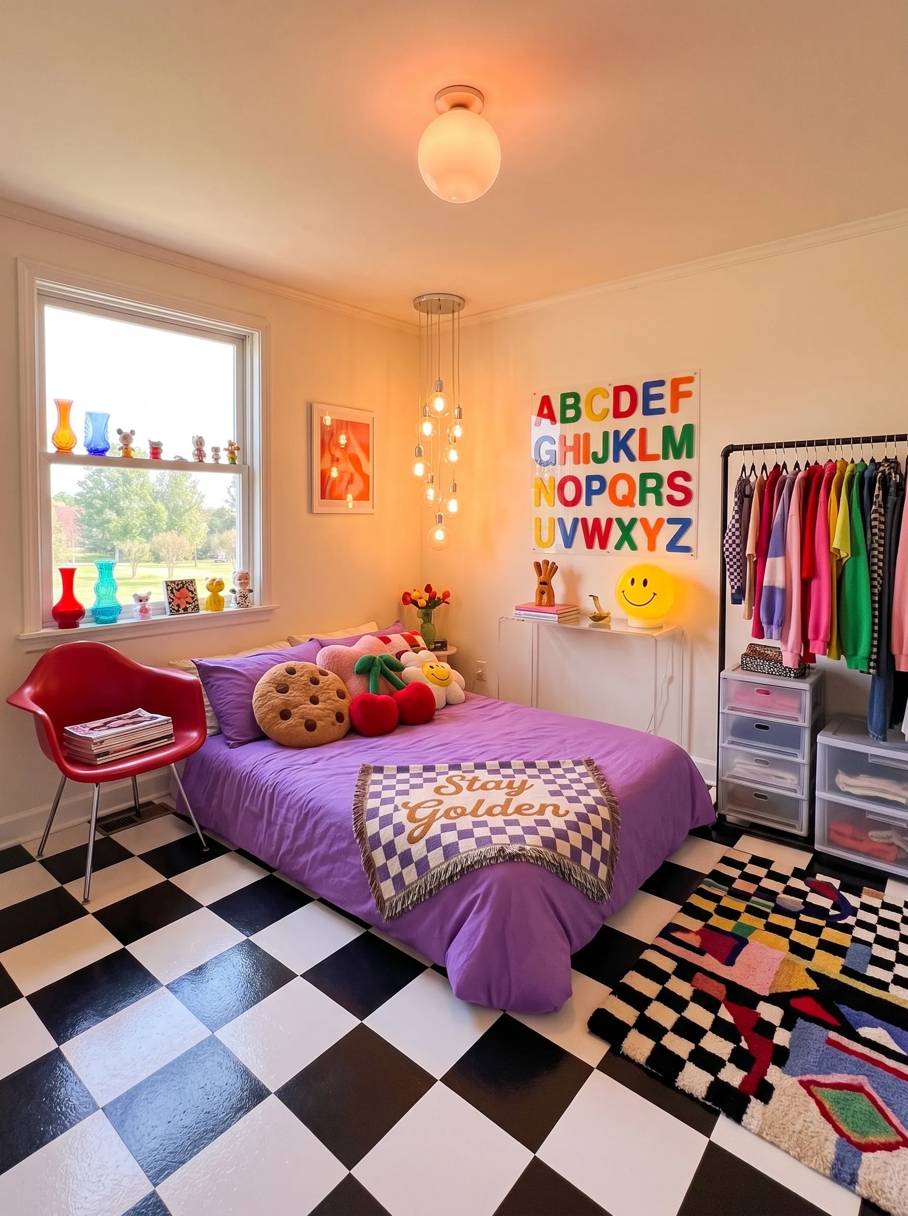 Maximalist bedroom with a purple channel-tufted bed, a black and white checkerboard floor, a rainbow letter wall, a clothing rack, a smiley lamp and plush food pillows