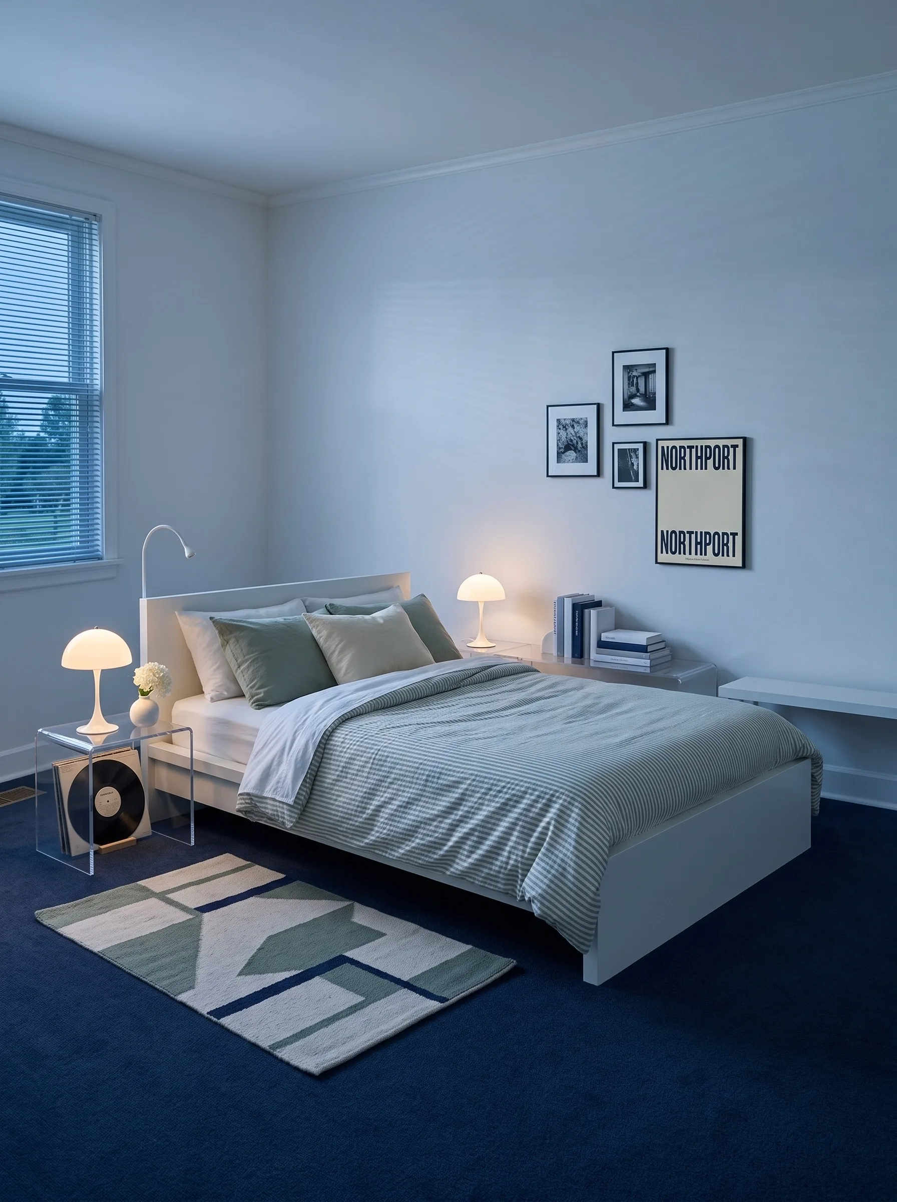 Minimalist bedroom at dusk with a white bed, sage and white bedding, navy carpet, two white mushroom lamps and an acrylic side table