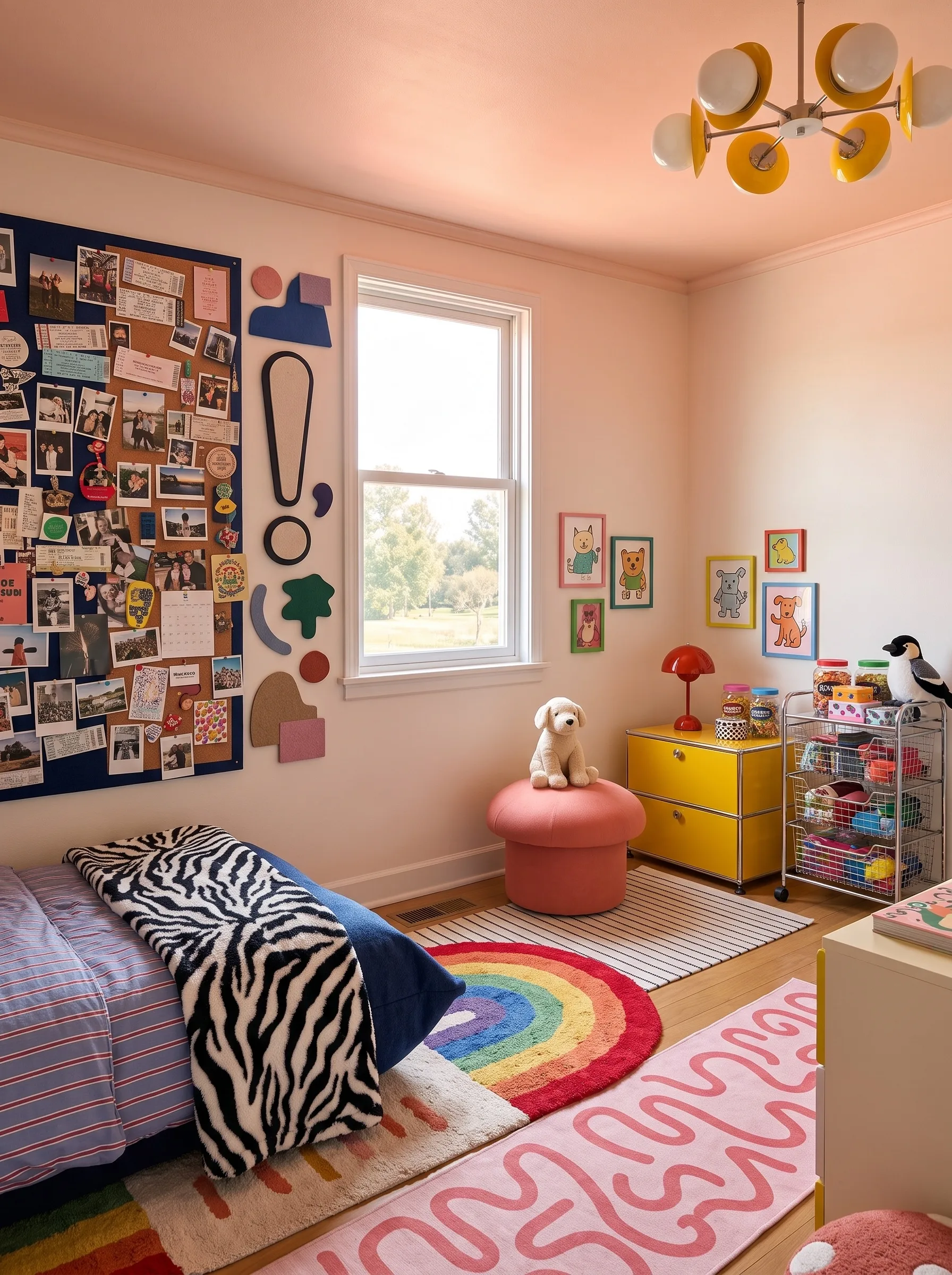 Maximalist bedroom with a floor-to-ceiling cork wall pinned with photos and felt shapes, a rainbow rug, a zebra throw and a yellow metal cabinet