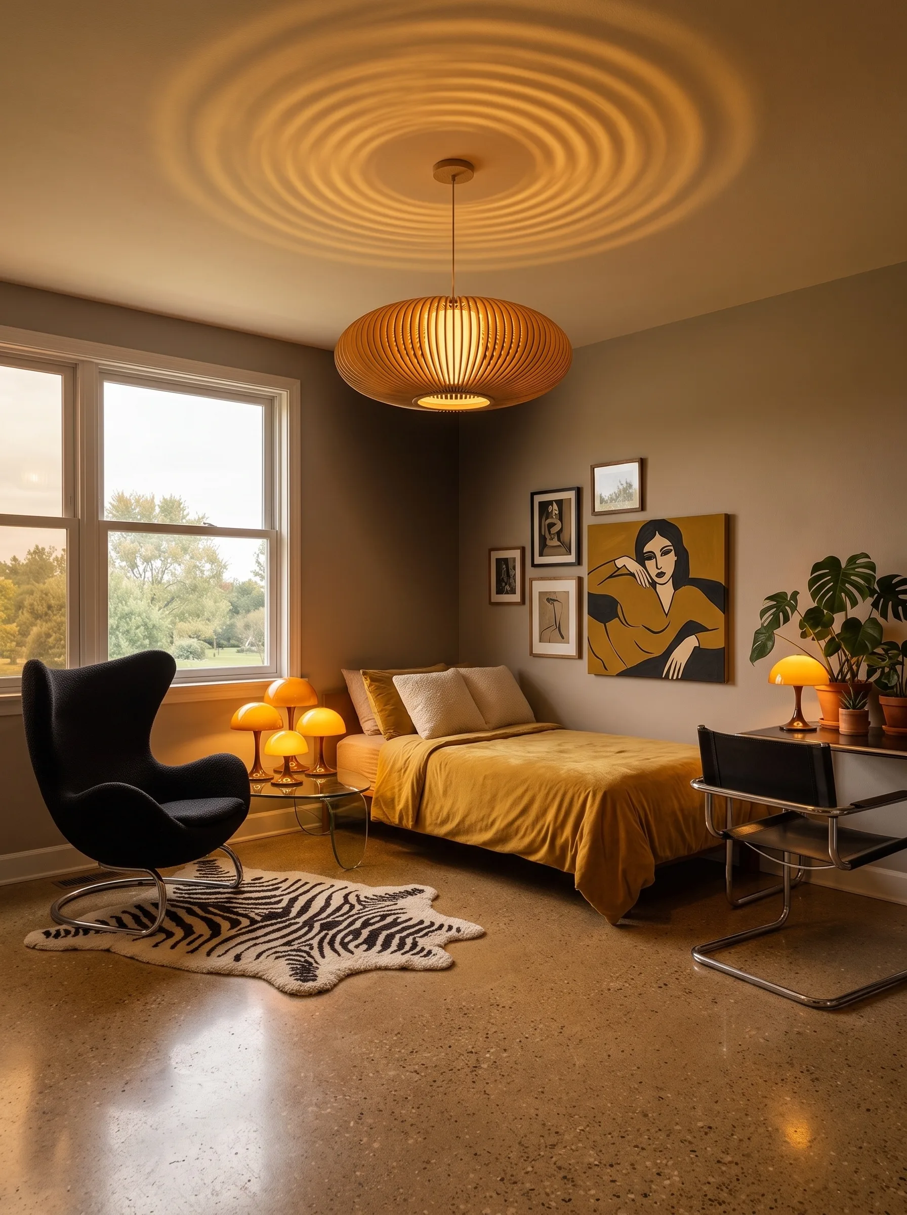 The same bedroom redesigned retro: a mustard velvet bed, a wood ripple pendant casting rings of light, an egg chair, a chrome cantilever chair and a terrazzo floor