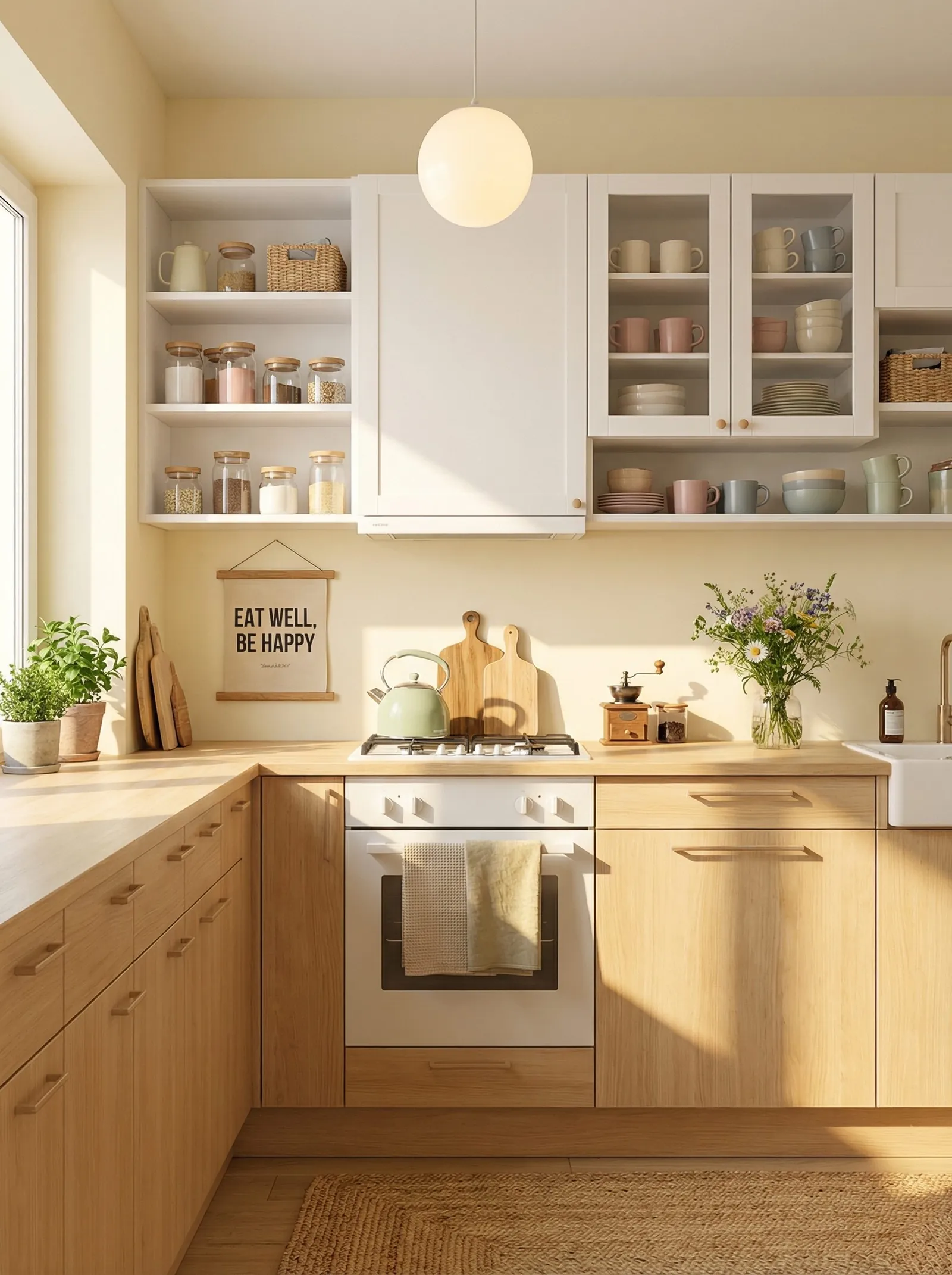 Kitchen with butter-yellow walls, white shaker upper cabinets with glazed doors, oak lower doors with routed finger pulls, butcher block worktop, white globe pendant and a jute rug.