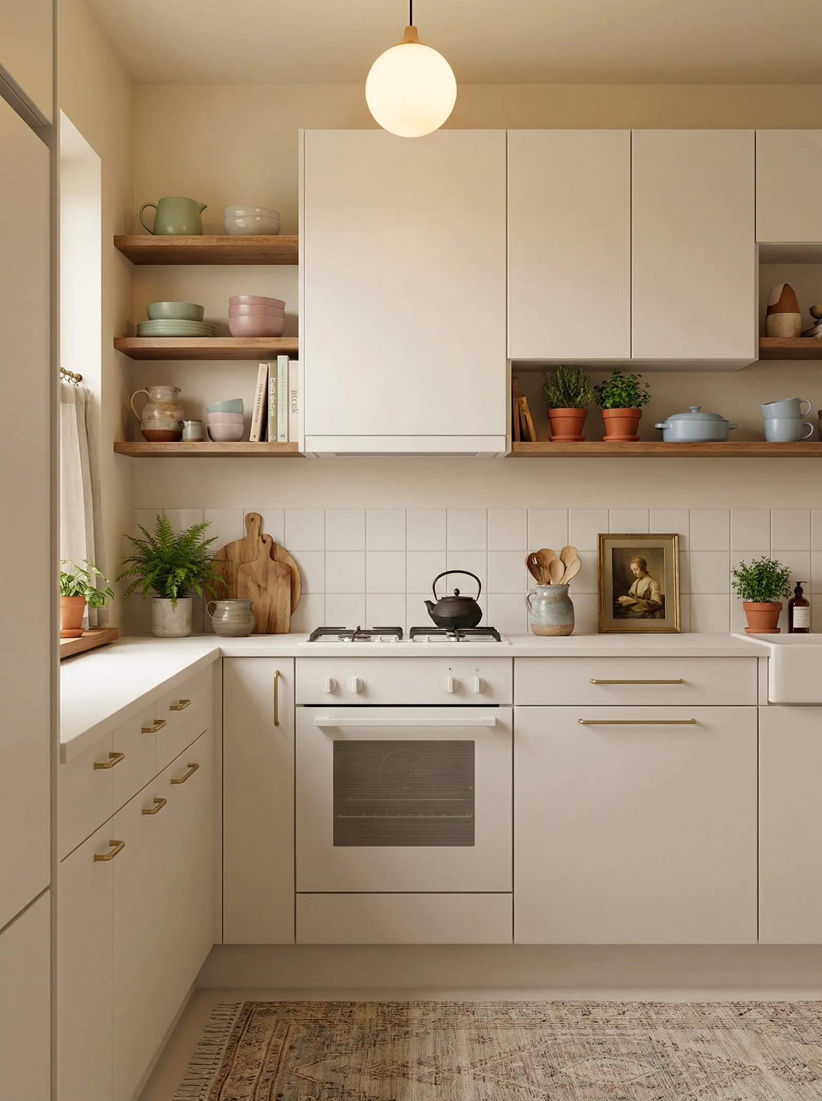 Kitchen with cream slab cabinet doors and brass bar handles, walnut open shelves holding pastel green and pink bowls, terracotta herb pots, a single opal globe pendant, a cast iron teapot on the hob, a small gilt-framed portrait leaning against white square tile and a faded rug on the floor.
