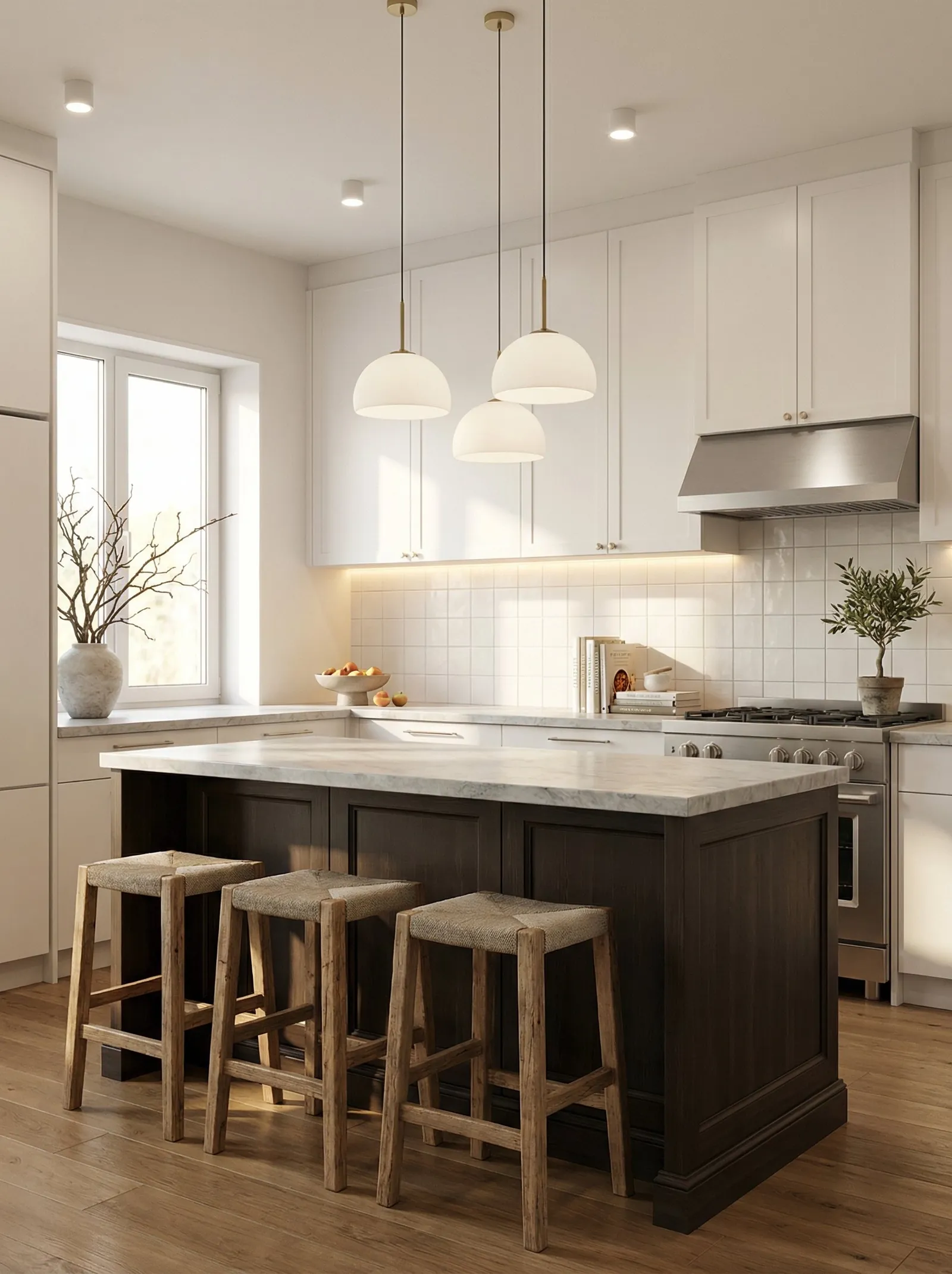 The galley reworked with white shaker cabinets, a dark stained-wood island under a marble top, a white square-tile splashback and a stainless range with a matching hood. Three white dome pendants hang over the island, woven-seat wood bar stools tuck under it and a potted olive tree sits on the counter.