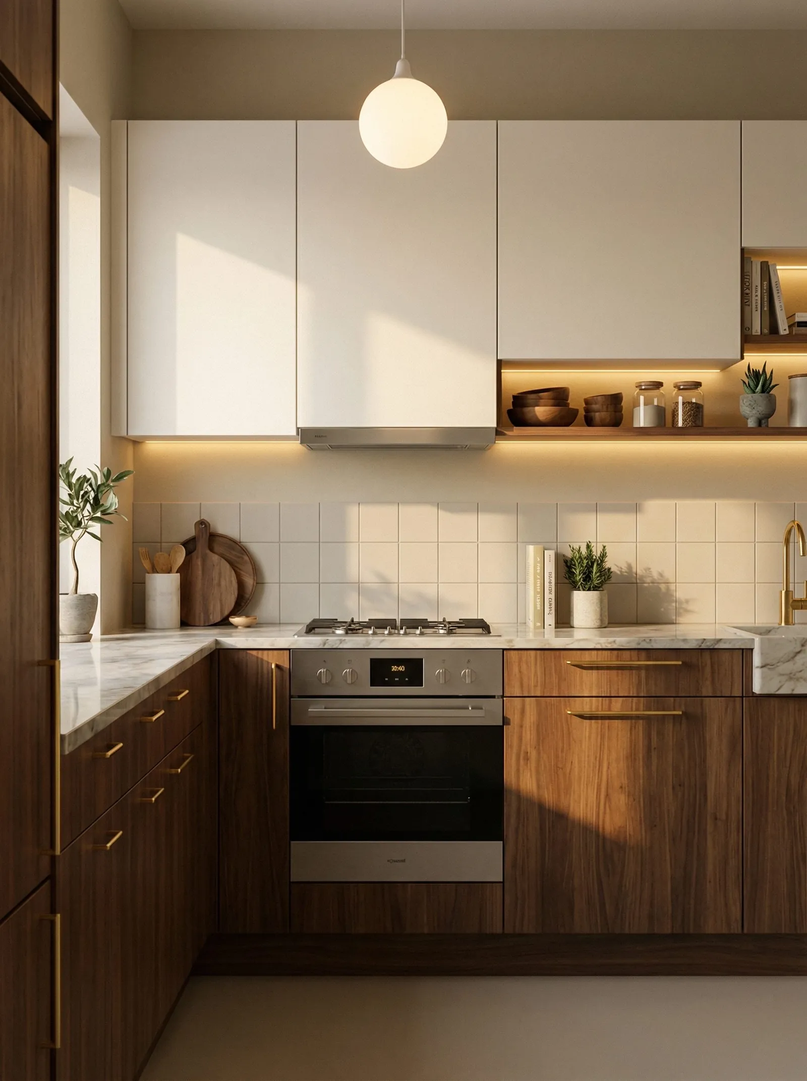 Kitchen with walnut lower cabinets, cream upper cabinets, brass bar handles, marble worktop, white square tile splashback, under-cabinet LED strip, opal globe pendant, brass tap and a smooth pale floor.